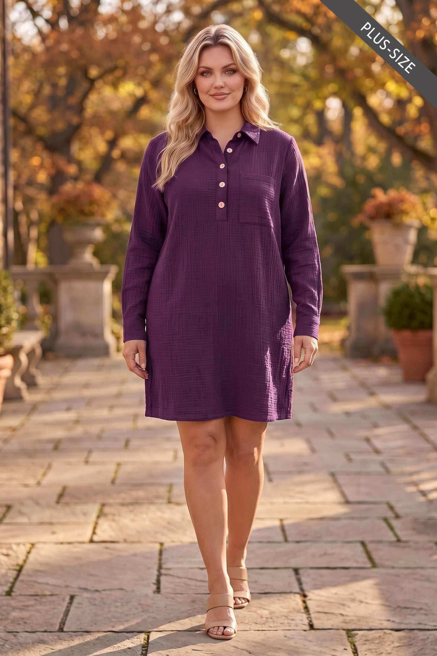 PLUS SIZE 100% Cotton A-Line Button Down Lightweight Dress
