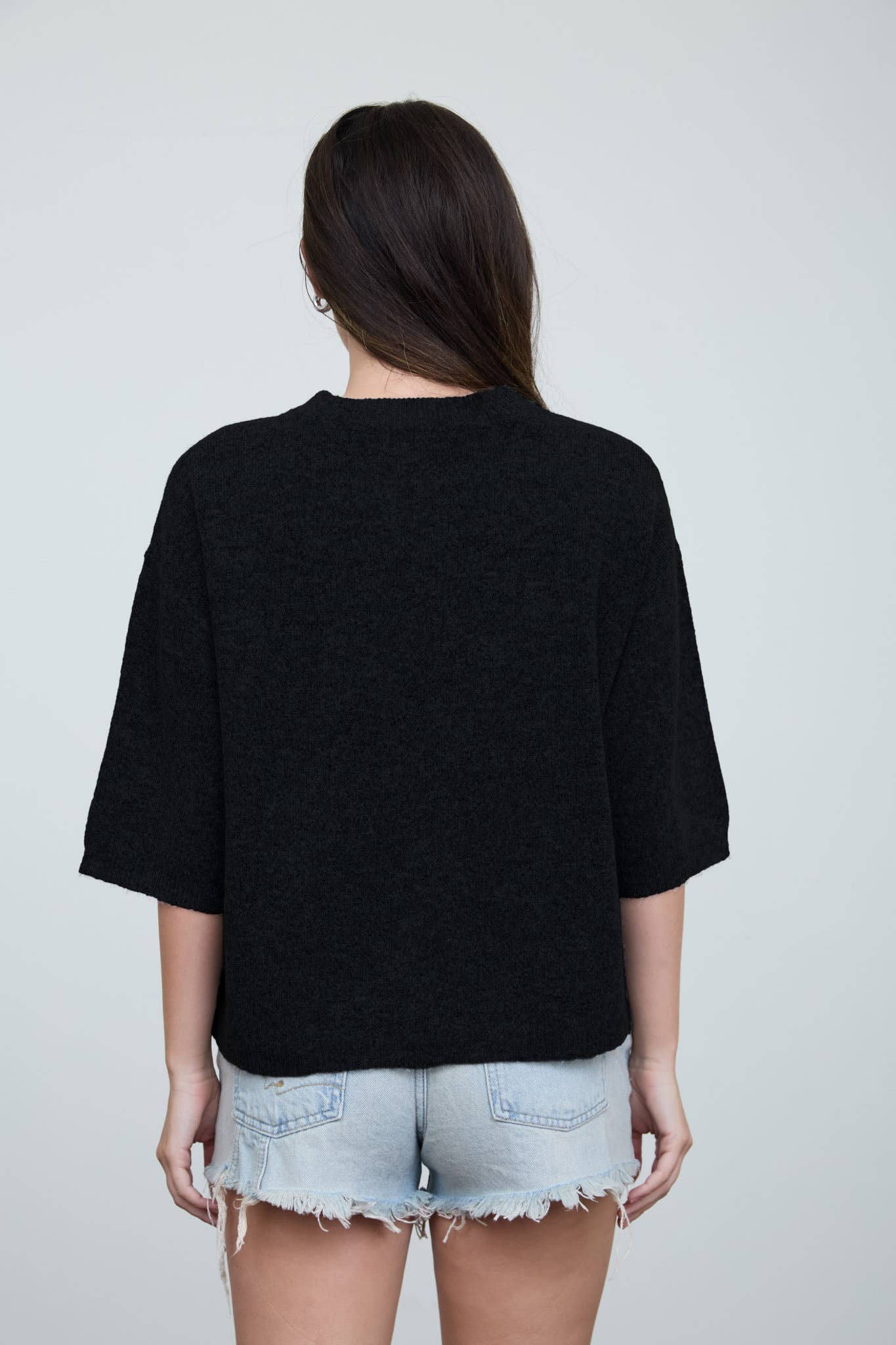 HEATHERED CREW NECK HALF SLEEVE BOXY PULLOVER
