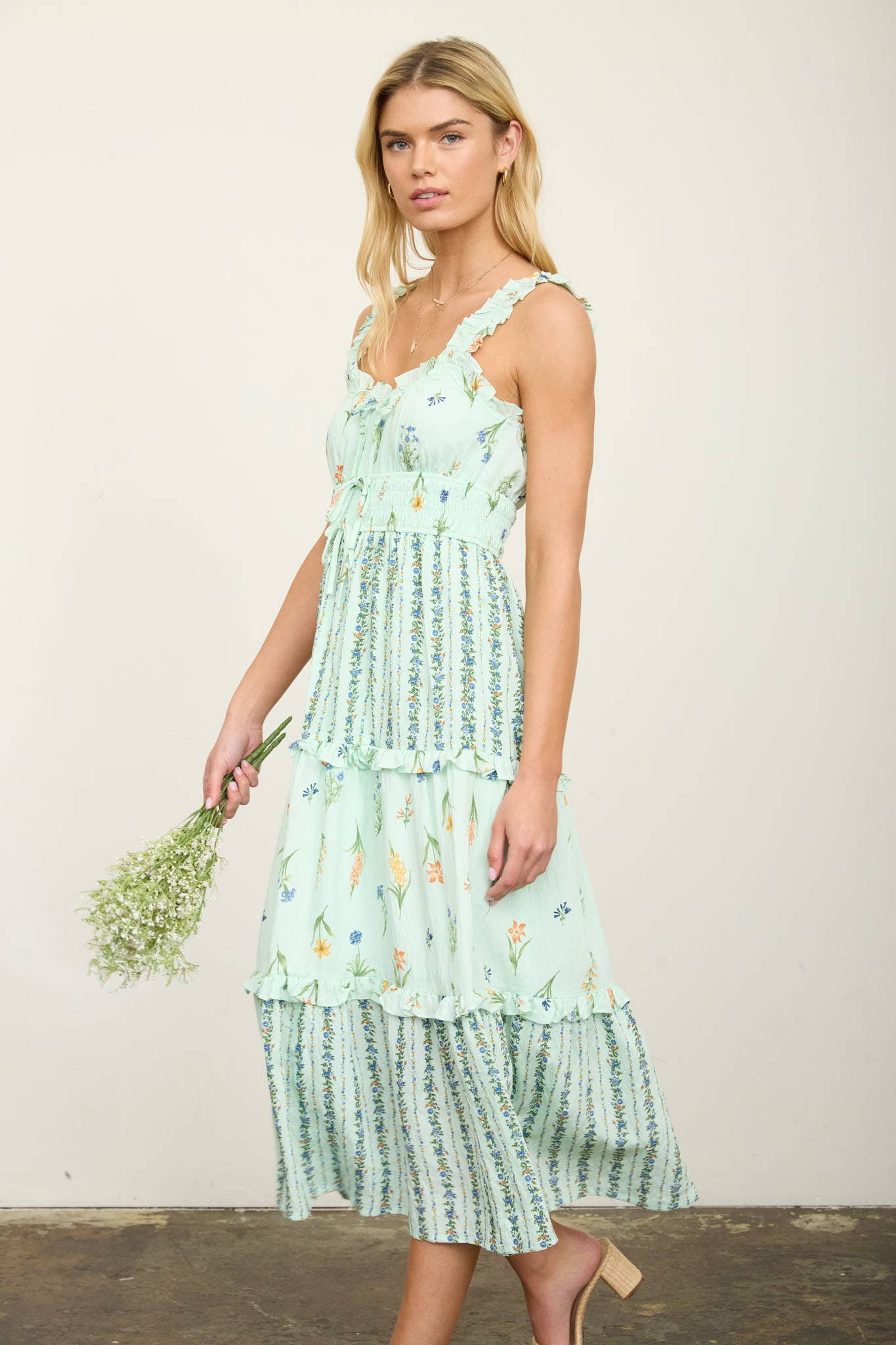 FLORAL COLORBLOCK RUFFLED TIERED MIDI DRESS (PRE-ORDER)
