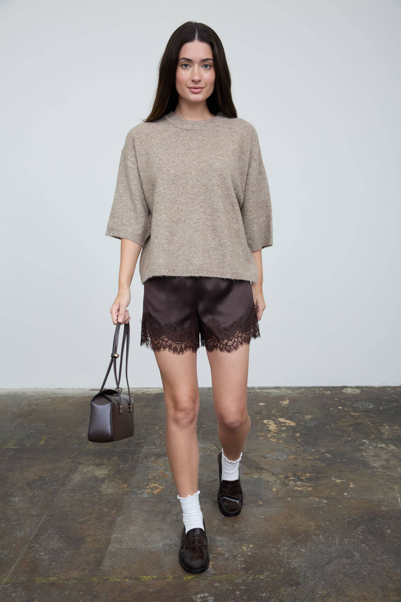HEATHERED CREW NECK HALF SLEEVE BOXY PULLOVER