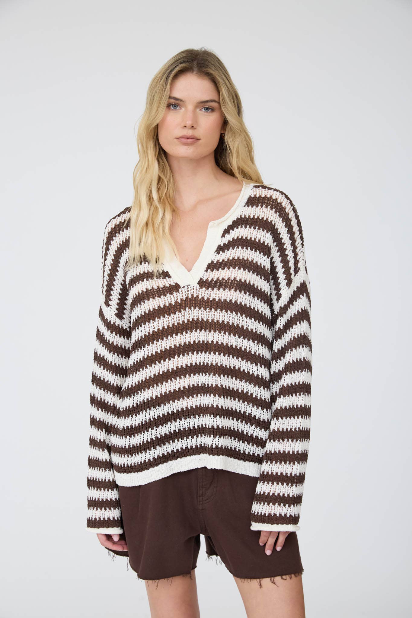 STRIPE RAW EDGE SPLIT NECK SHEER KNIT SWEATER