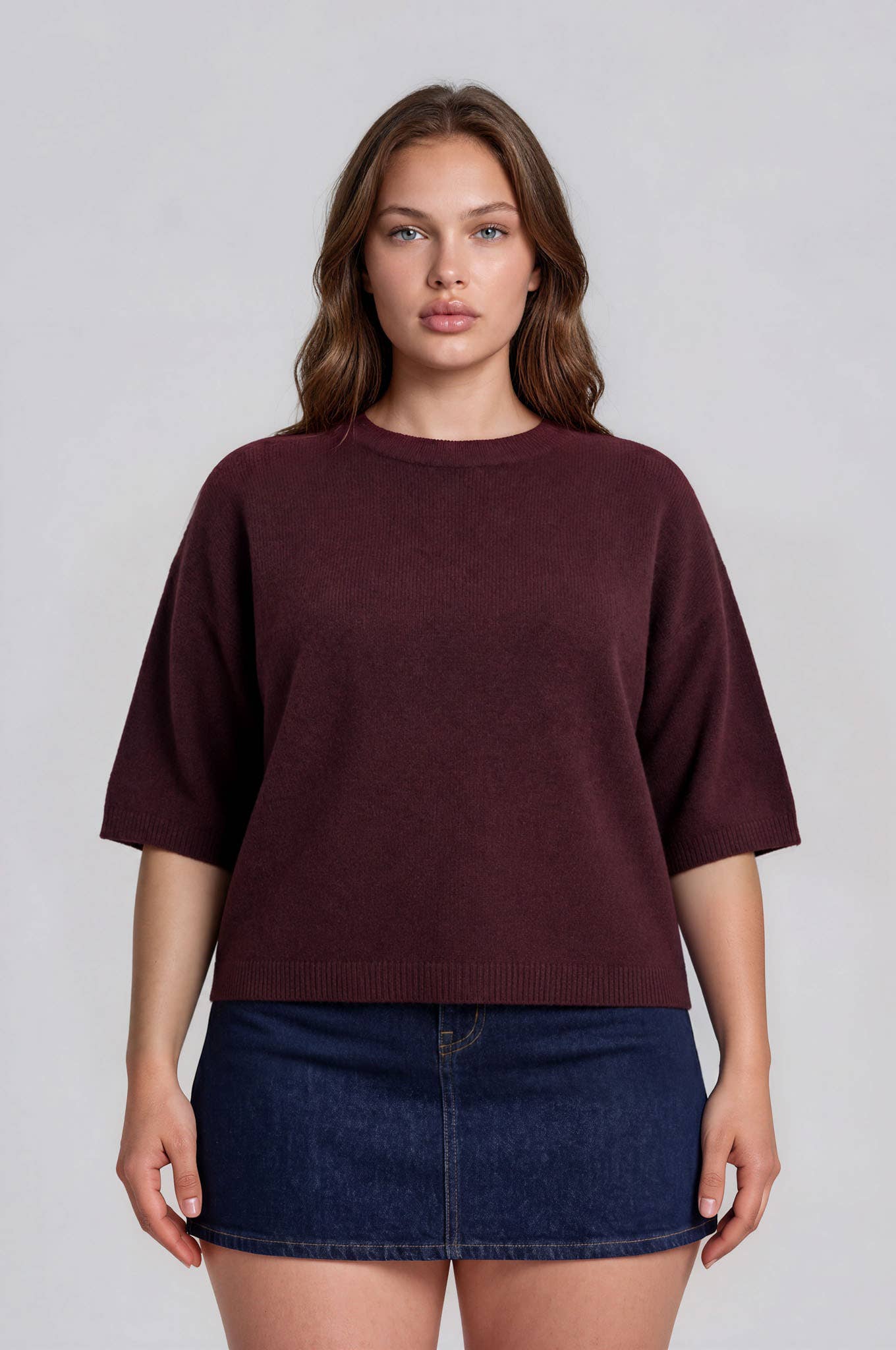 PLUS HEATHERED CREW NECK HALF SLEEVE BOXY PULLOVER