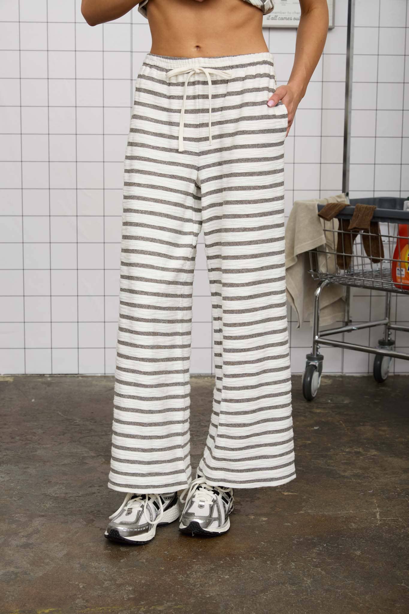 STRIPE DRAWSTRING WIDE LEG KNIT LOUNGE PANTS (PRE-ORDER)
