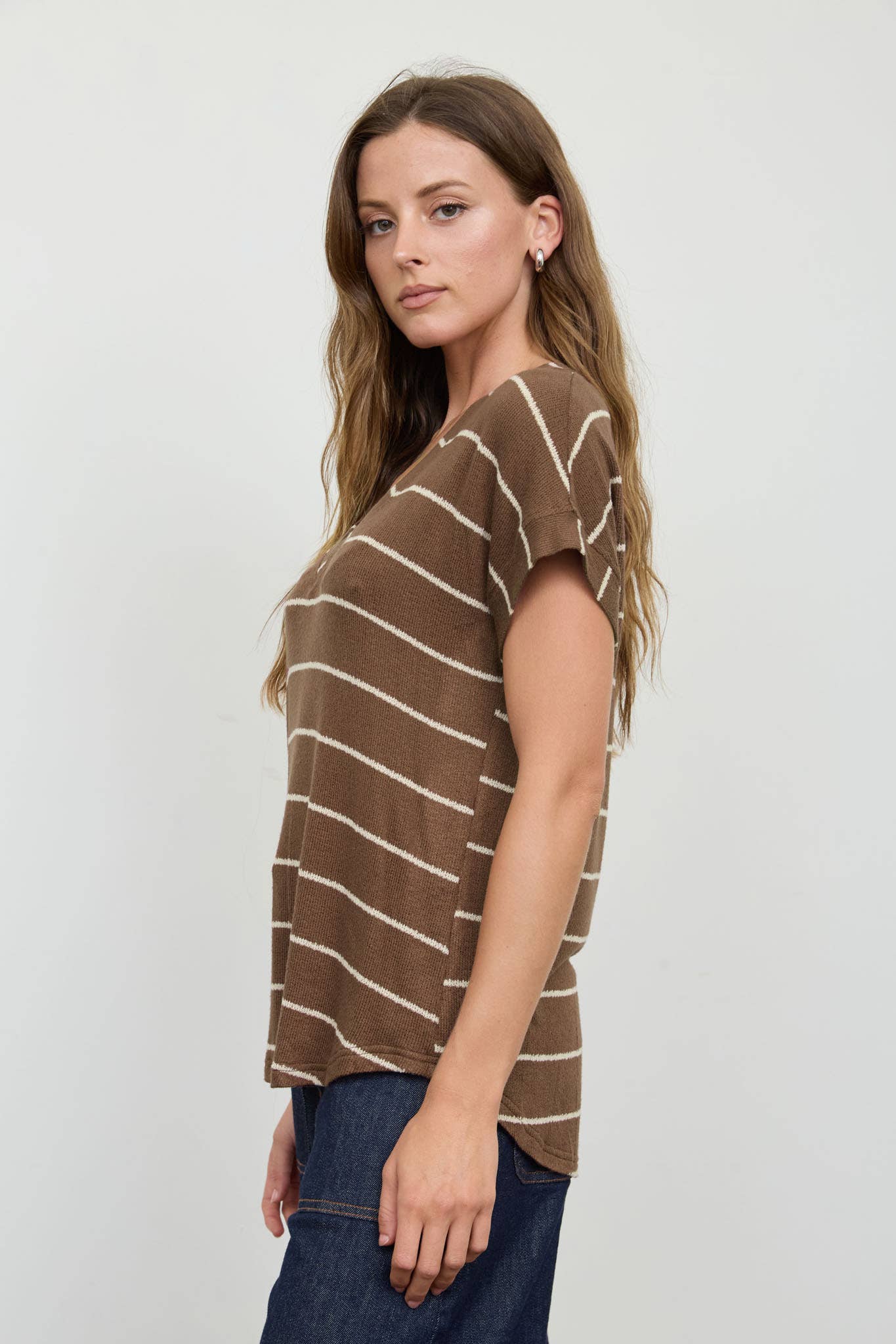STRIPE V NECK CUFFED SLEEVE KNIT TOP