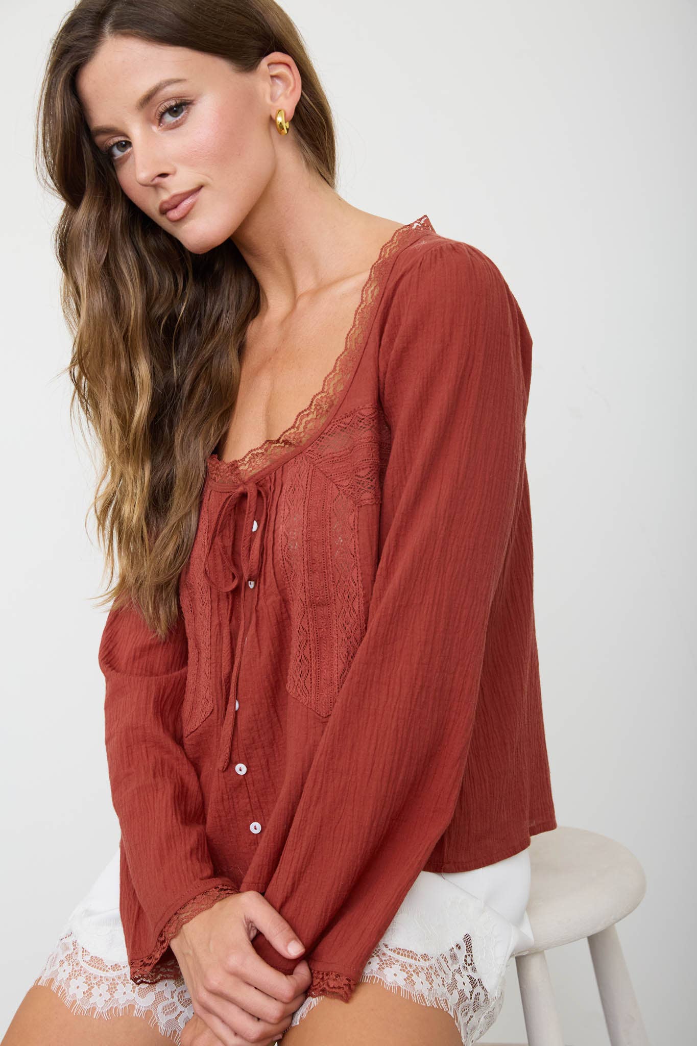 SCOOP NECK FRONT TIE LACE TRIM LONG SLEEVE TOP (PRE-ORDER)