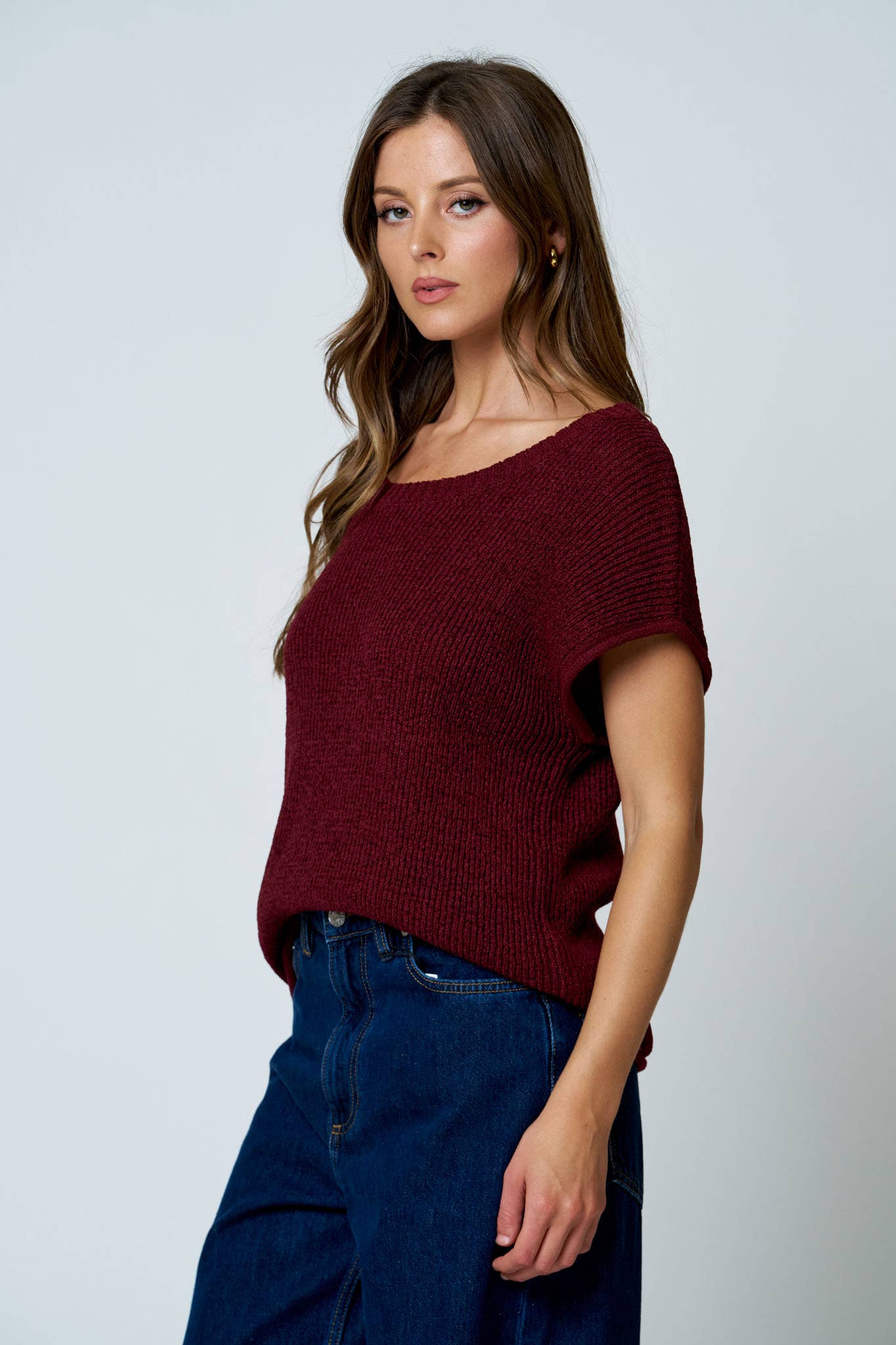 CREW NECK RAW SLEEVE RELAXED SWEATER KNIT TOP