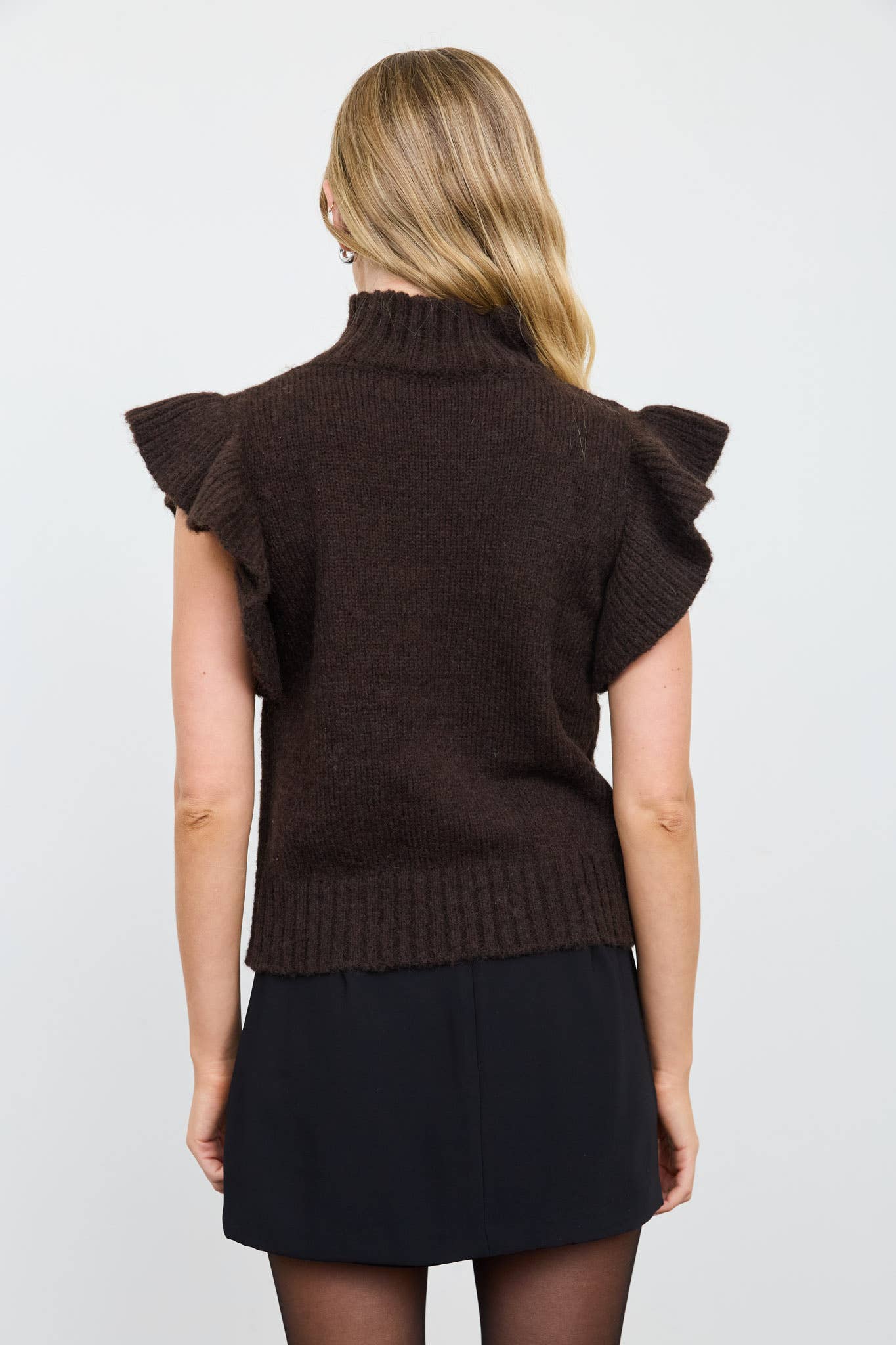 RUFFLE SLEEVE MOCK NECK RIBBED SWEATER