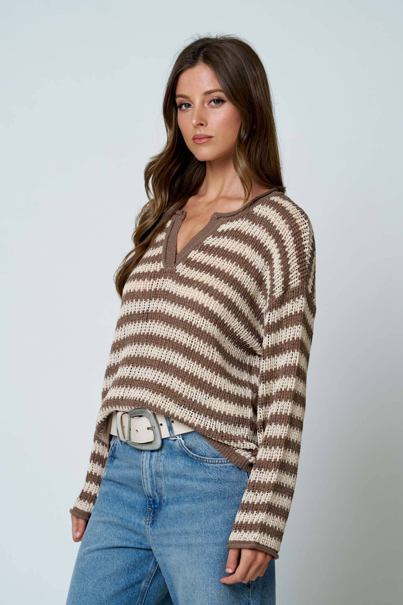 STRIPE RAW EDGE SPLIT NECK SHEER KNIT SWEATER