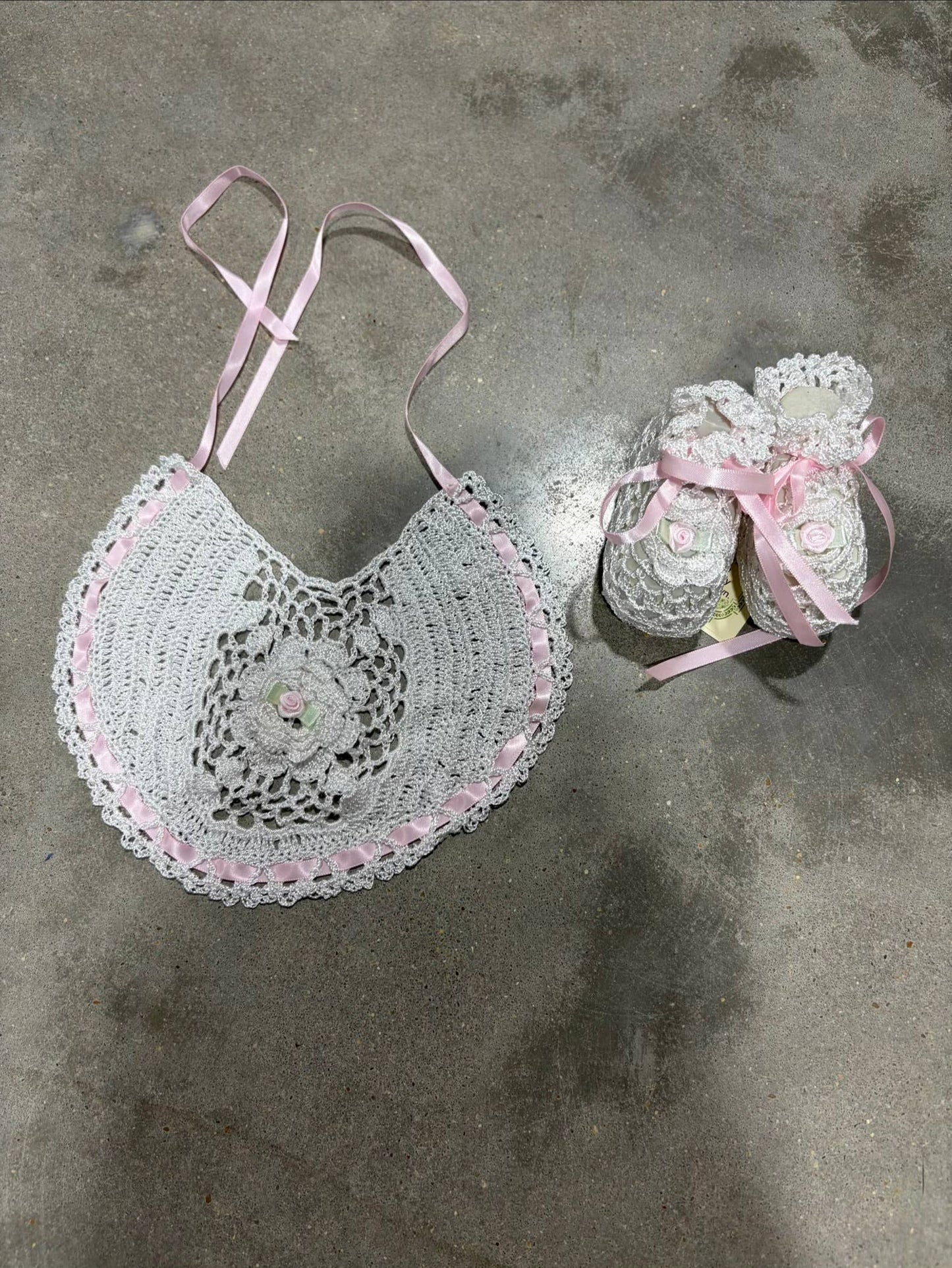 Pretty Pink Poppy Crochet Bib + Booties Set