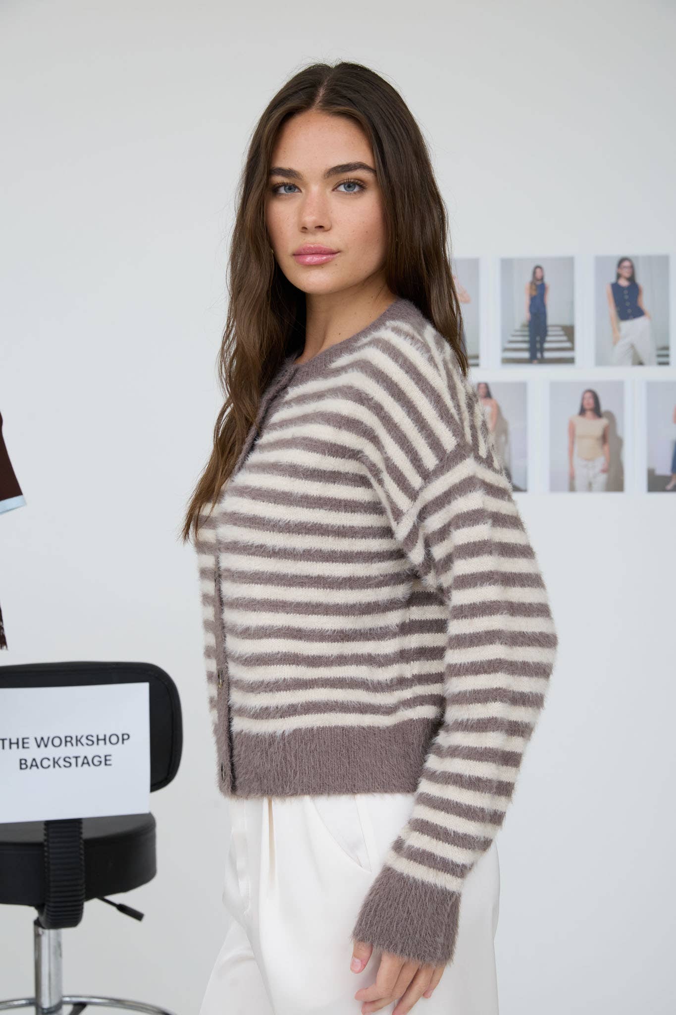 STRIPE ROUND NECK BUTTON DOWN FUZZY KNIT CARDIGAN