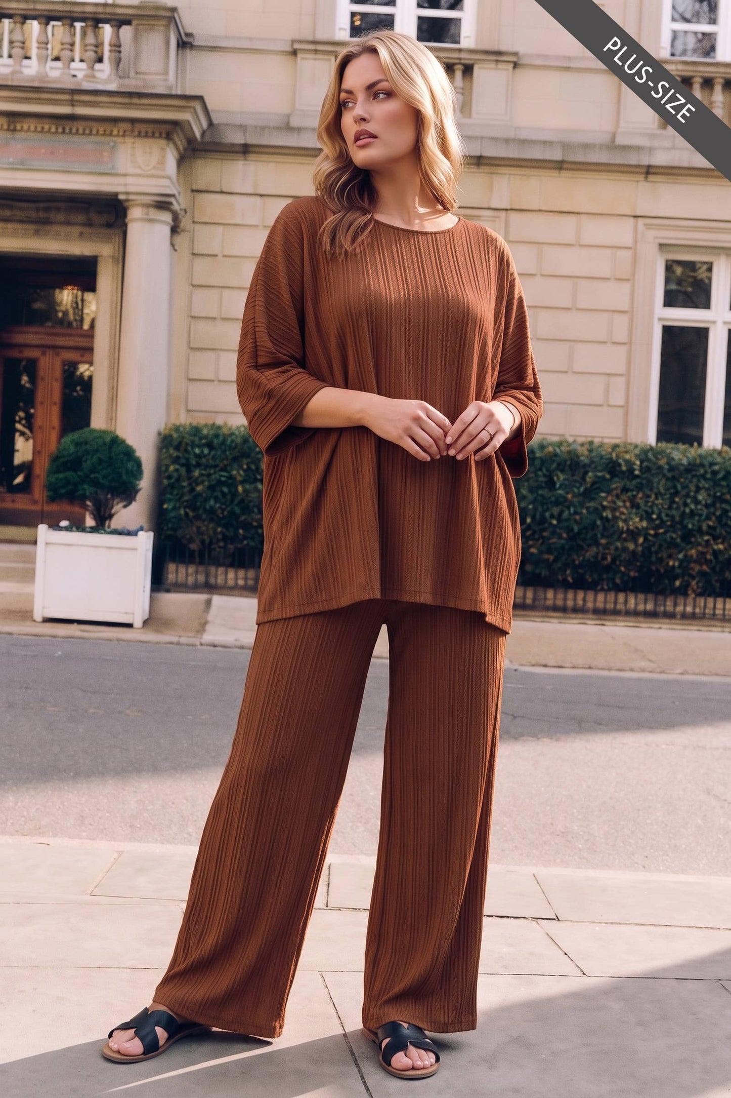 PLUS SIZE 2-Piece Textured Dolman Sleeve + Relaxed Bottoms