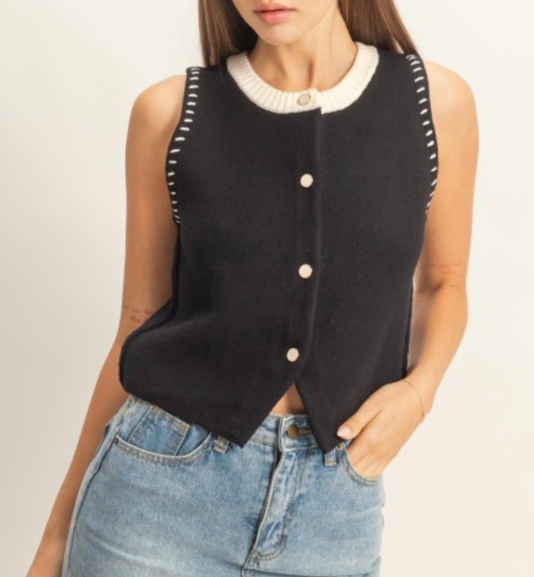 Black Sleeveless Button Up Cardigan Vest