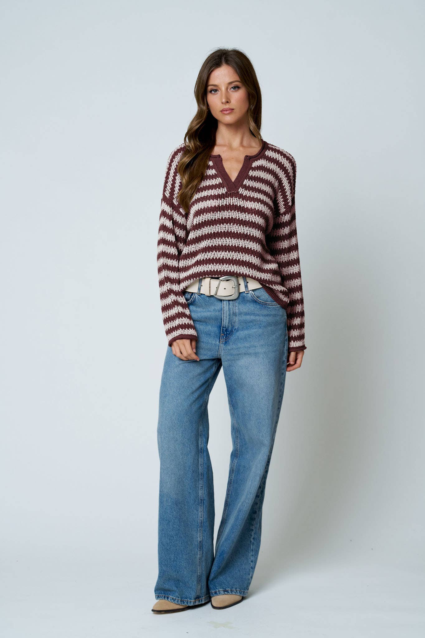 STRIPE RAW EDGE SPLIT NECK SHEER KNIT SWEATER