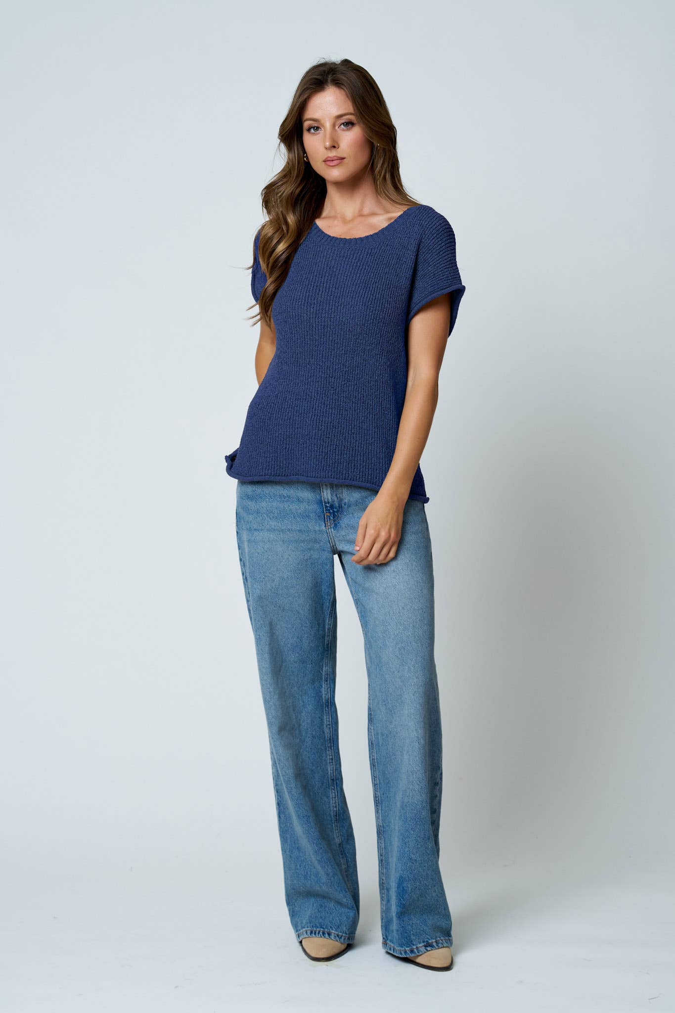 CREW NECK RAW SLEEVE RELAXED SWEATER KNIT TOP