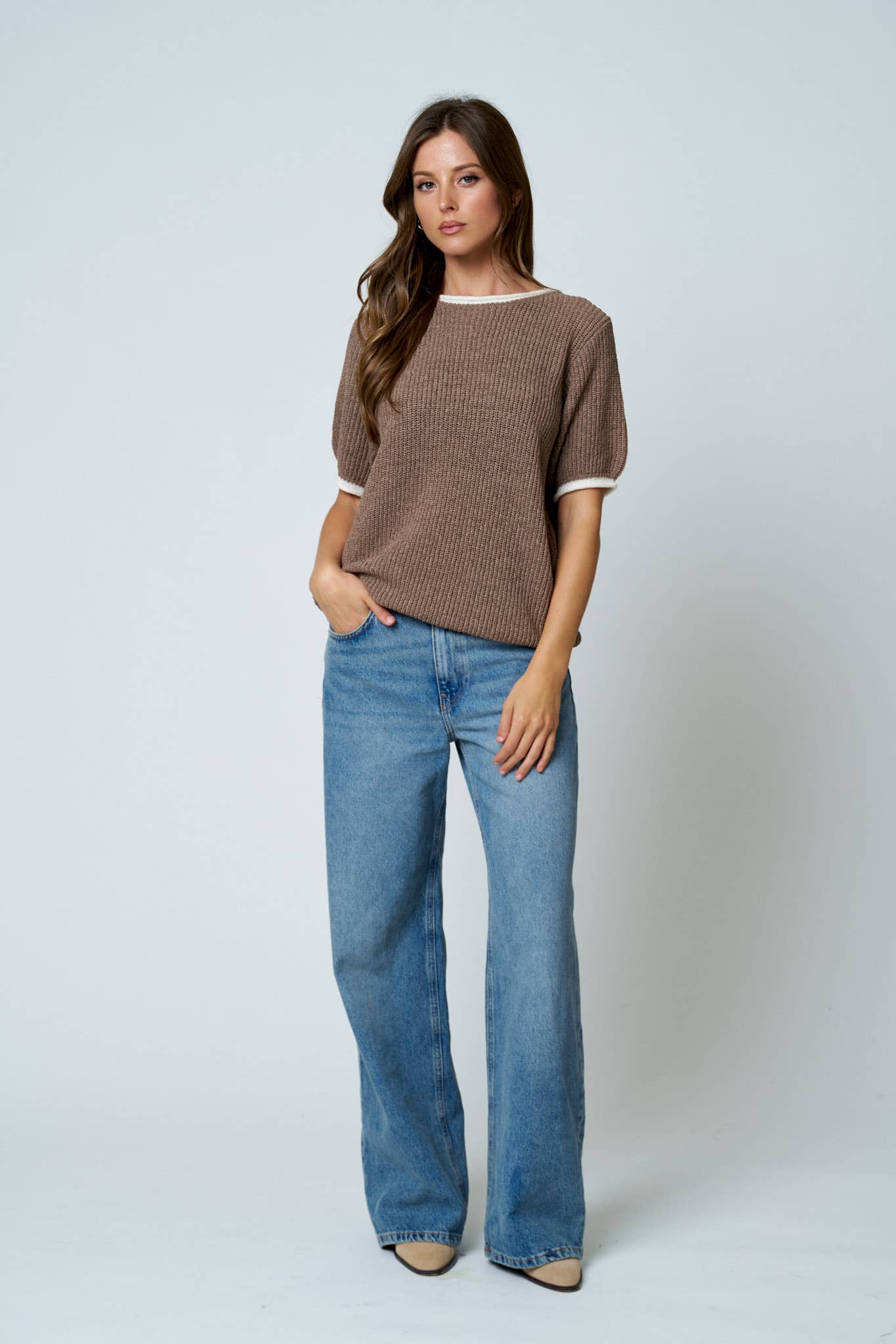 CONTEST TRIM PUFF SLEEVE RIBBED KNIT SWEATER