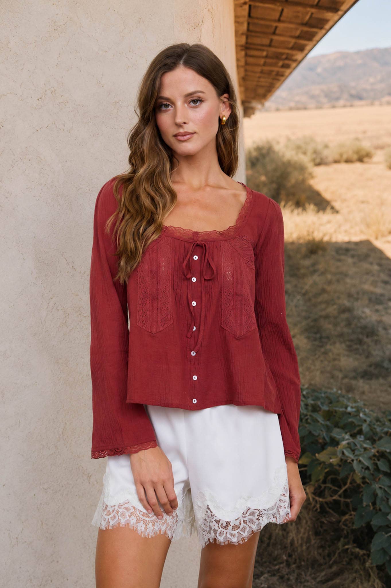 SCOOP NECK FRONT TIE LACE TRIM LONG SLEEVE TOP (PRE-ORDER)