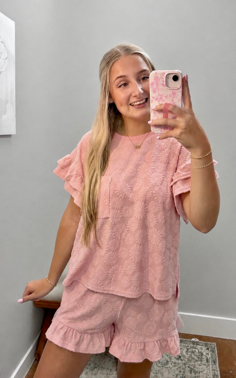 Floral Textured Ruffled Knit Top & Shorts Set