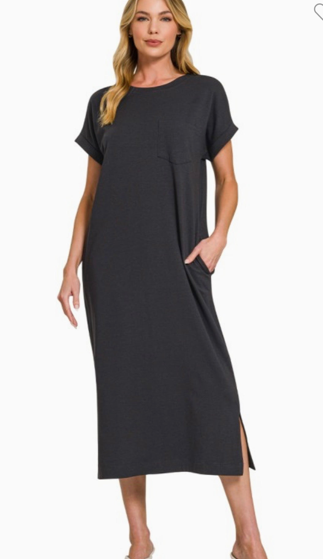 Round Neck Short Sleeve Midi Dress