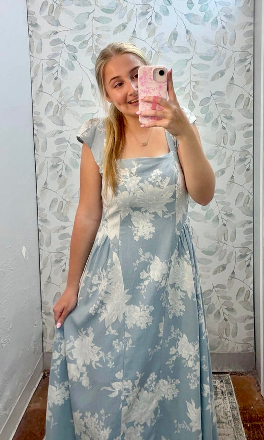 Light Blue Floral Square Neck Bell Sleeve Midi Dress