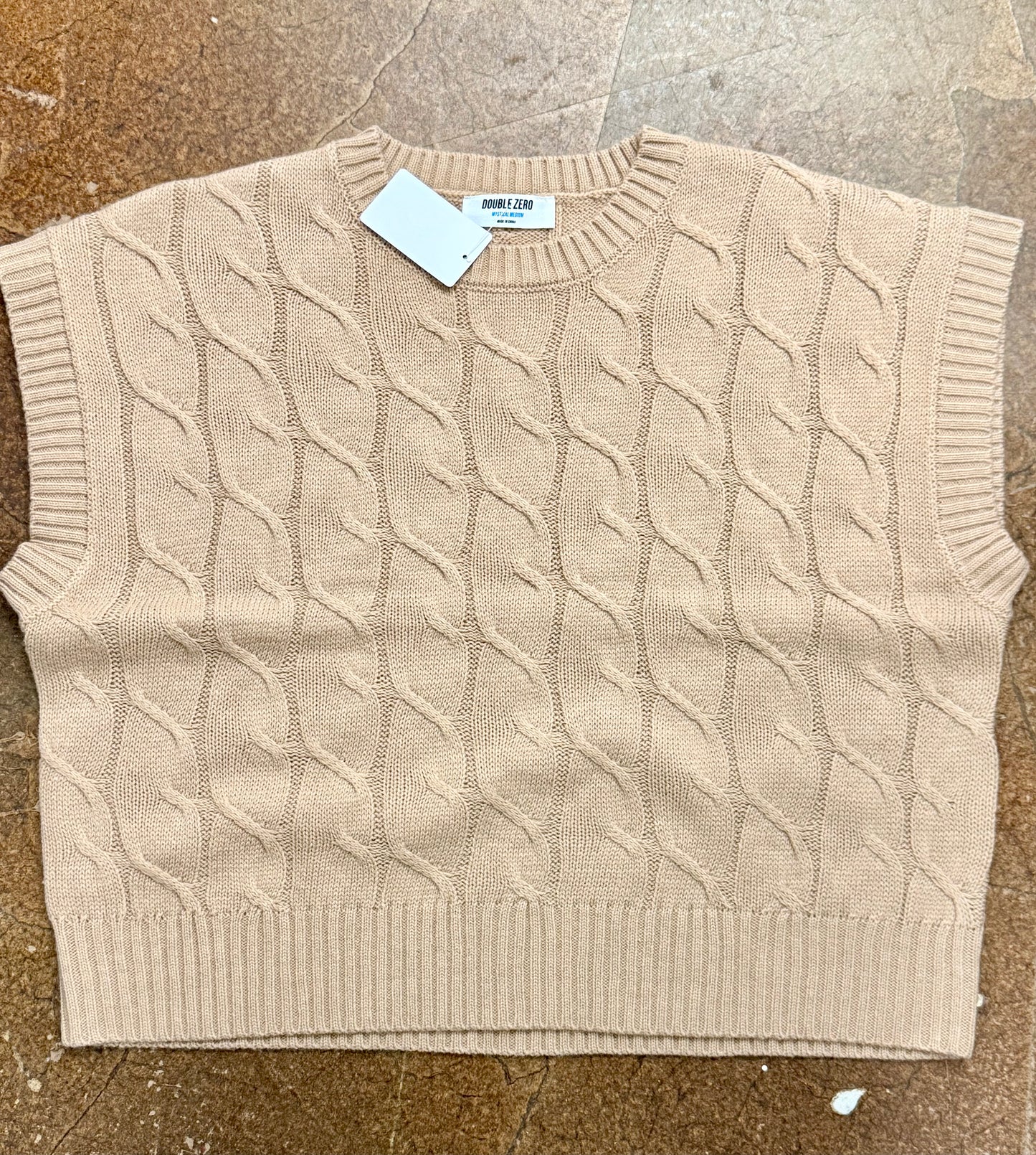 Taupe- Sleeveless Oversized Cable Knit Sweater Vest