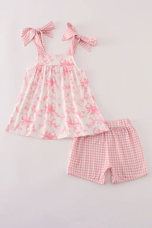 Pink Bow Print Ruffle Short Set