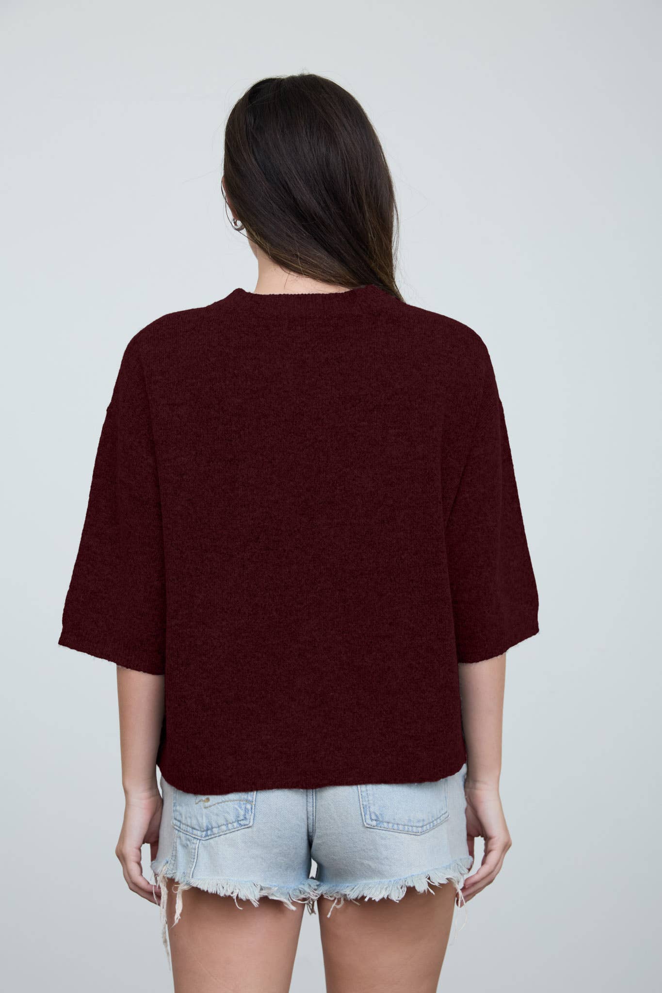 HEATHERED CREW NECK HALF SLEEVE BOXY PULLOVER