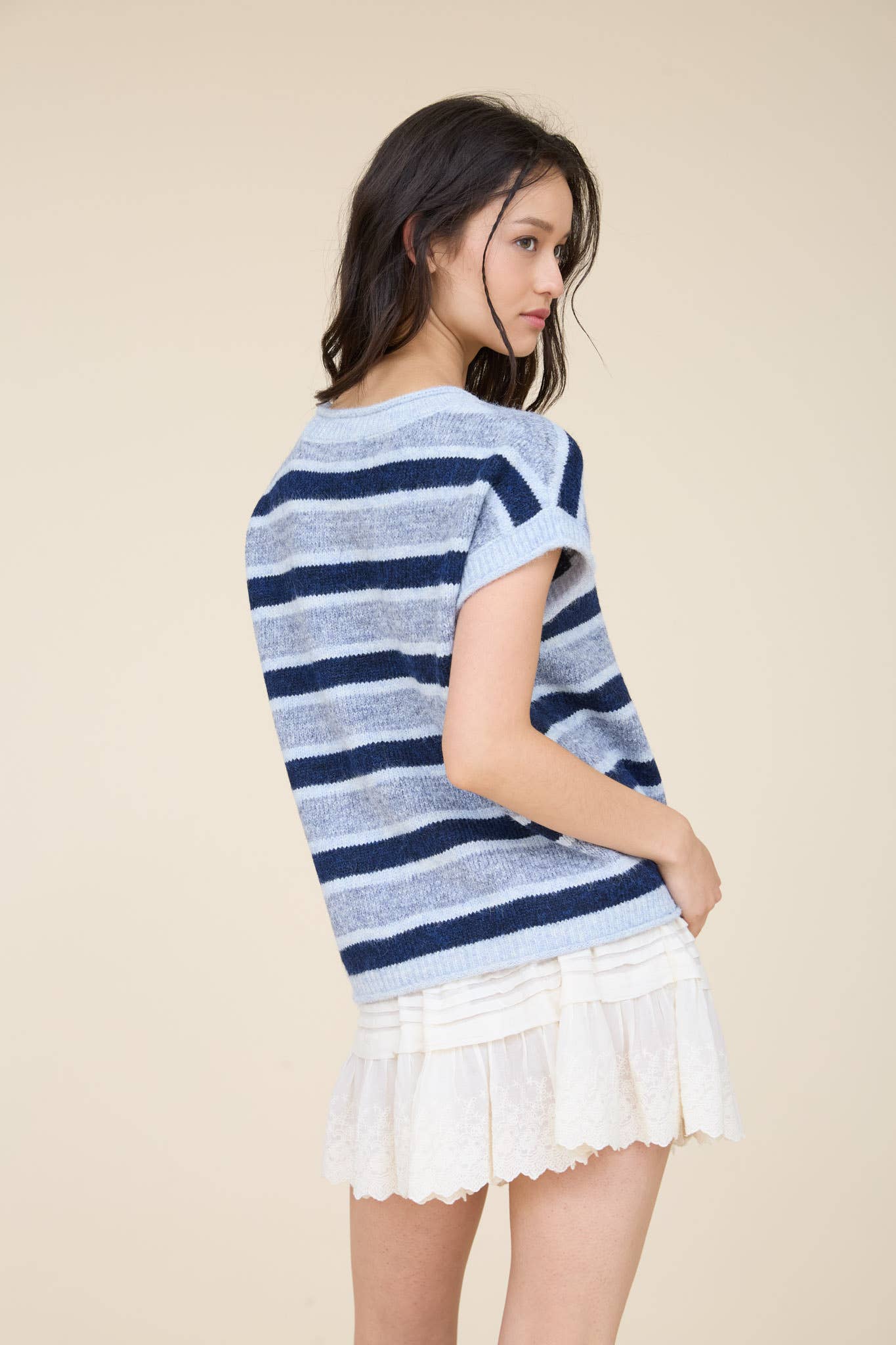 MARLED STRIPE SHORT SLEEVE RAW EDGE KNIT SWEATER