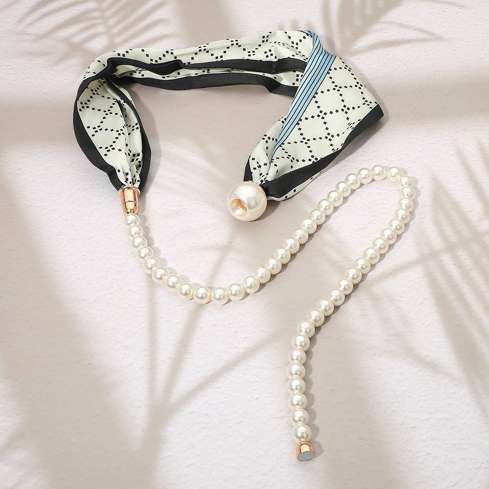 SECRET BOX_Pattern Print Fabric Scarf Pearl Magnetic Necklace