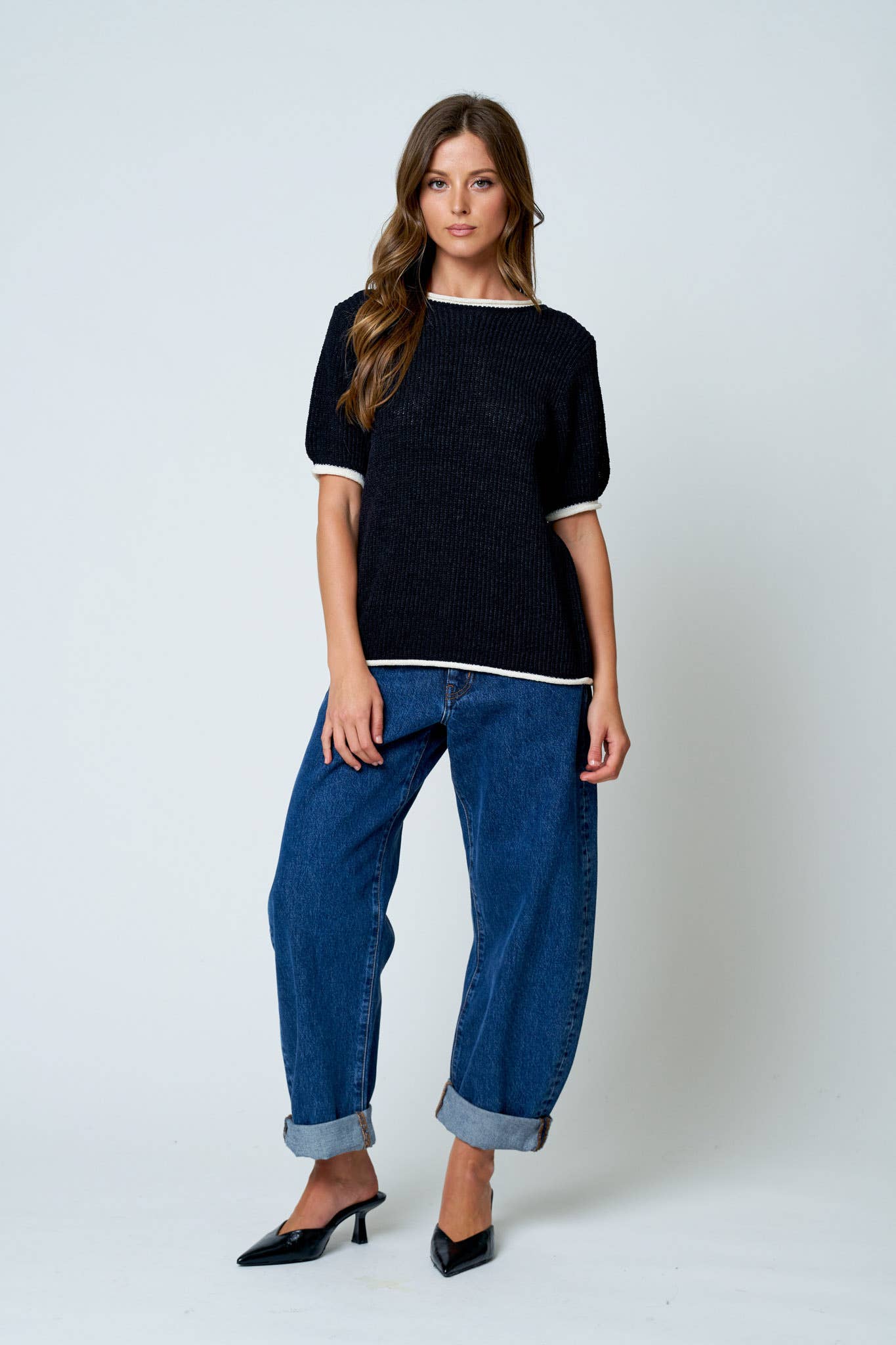 CONTEST TRIM PUFF SLEEVE RIBBED KNIT SWEATER