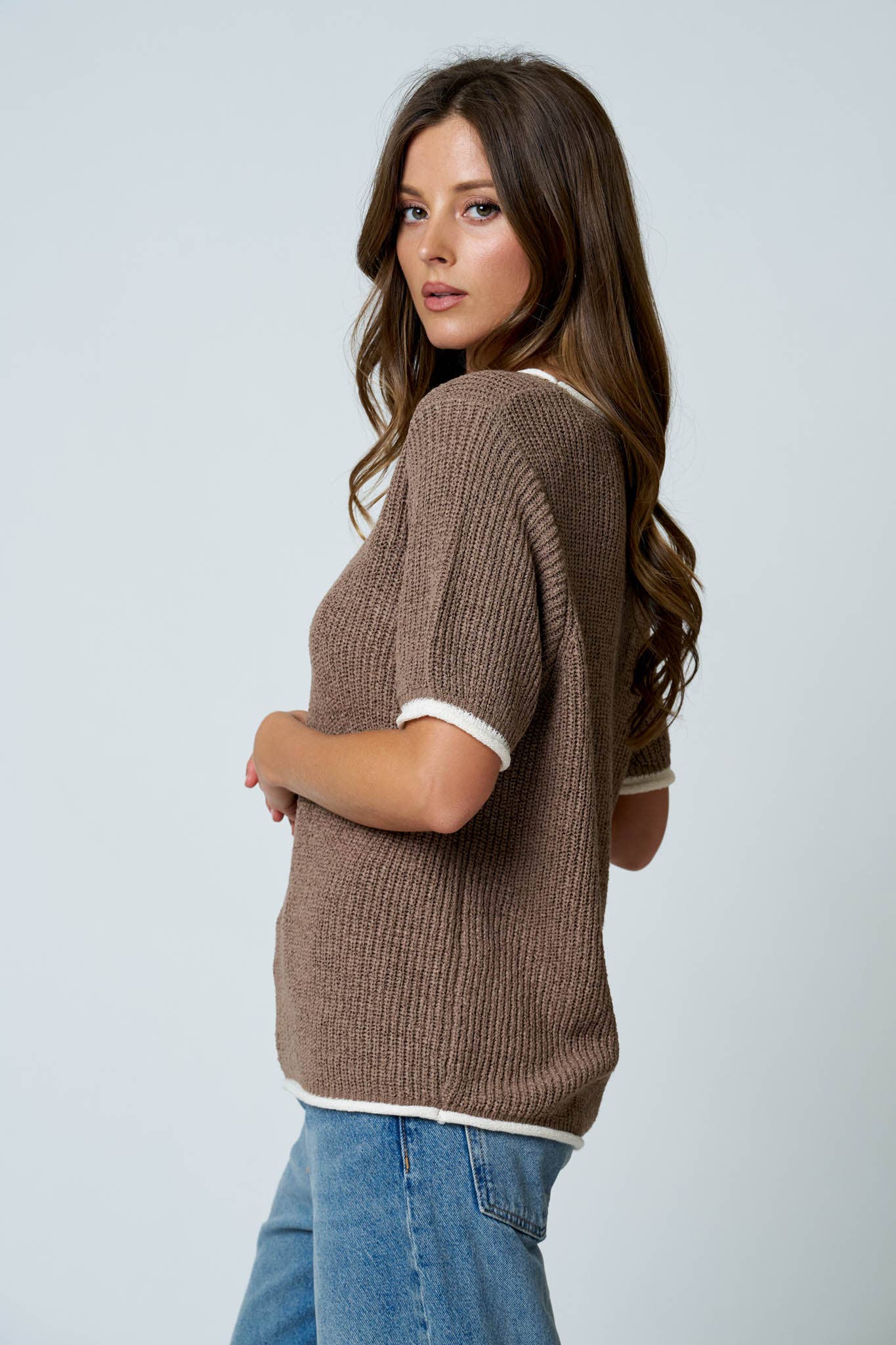 CONTEST TRIM PUFF SLEEVE RIBBED KNIT SWEATER