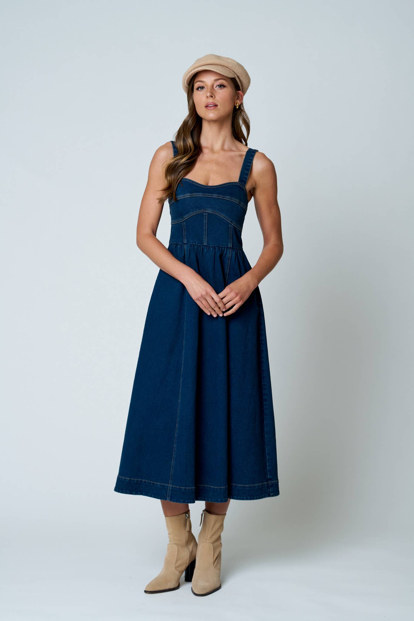 SWEETHEART CORSET SEAM DETAIL DENIM MIDI DRESS