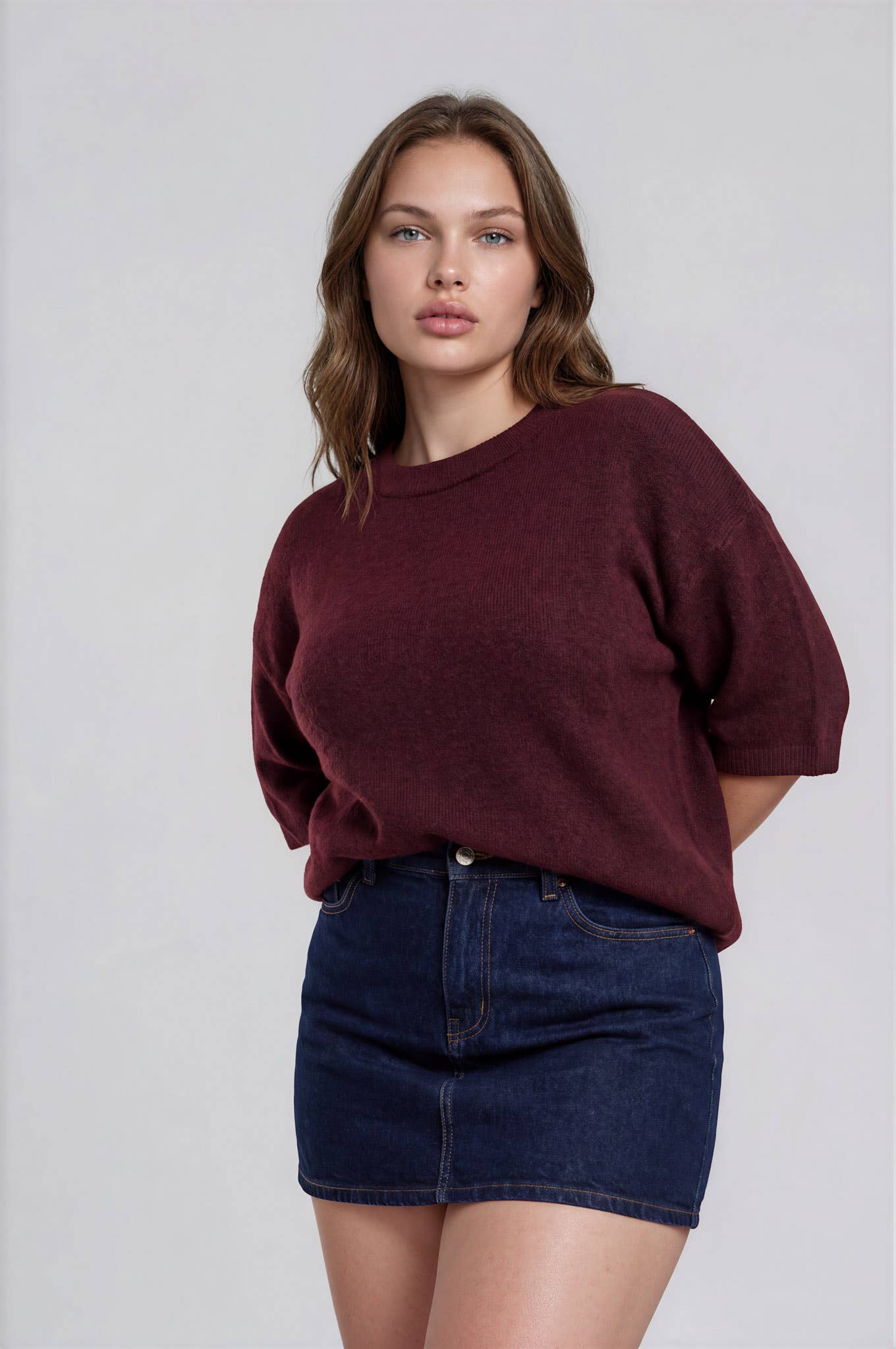 PLUS HEATHERED CREW NECK HALF SLEEVE BOXY PULLOVER