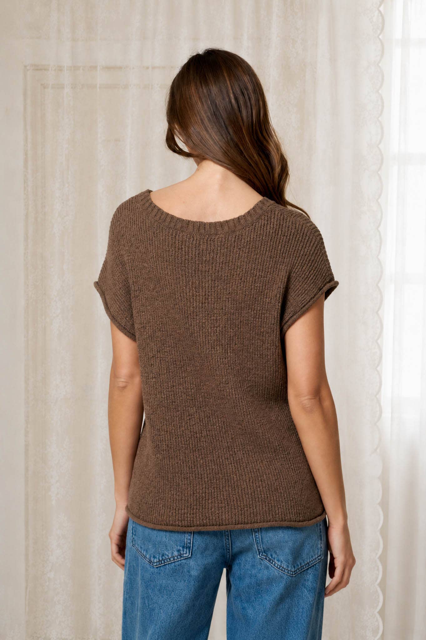 CREW NECK RAW SLEEVE RELAXED SWEATER KNIT TOP