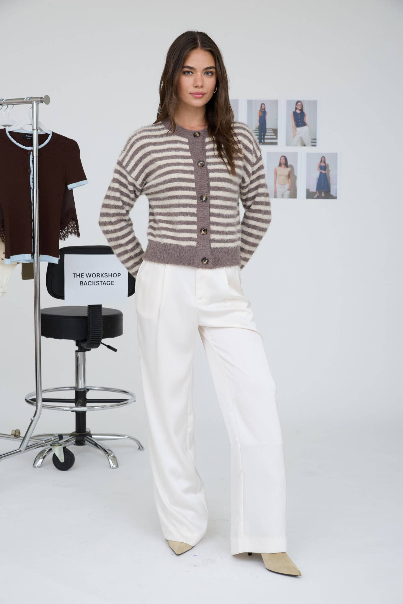 STRIPE ROUND NECK BUTTON DOWN FUZZY KNIT CARDIGAN