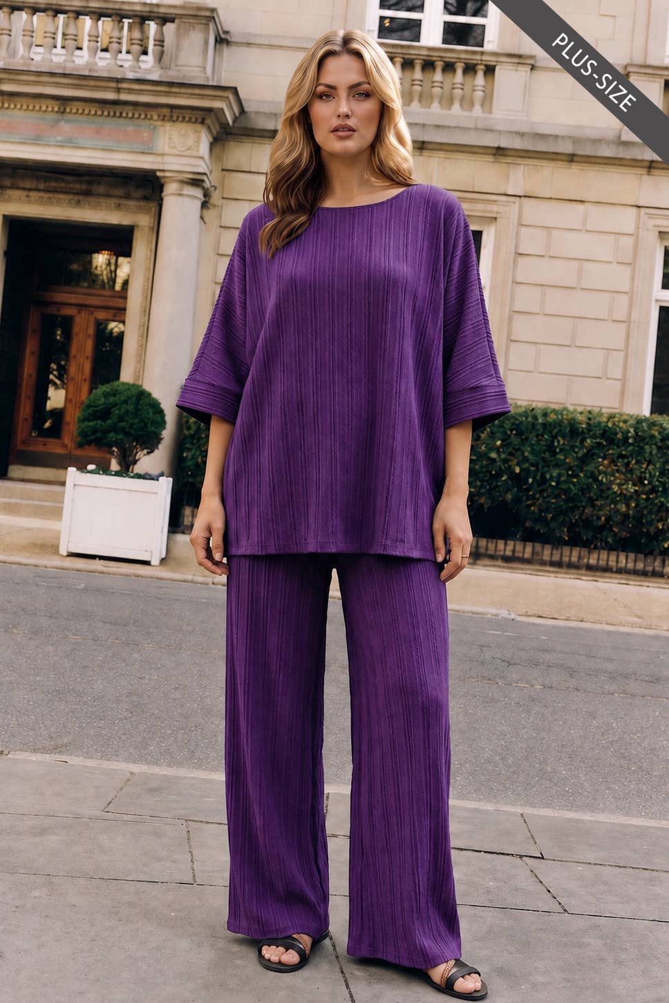 PLUS SIZE 2-Piece Textured Dolman Sleeve + Relaxed Bottoms