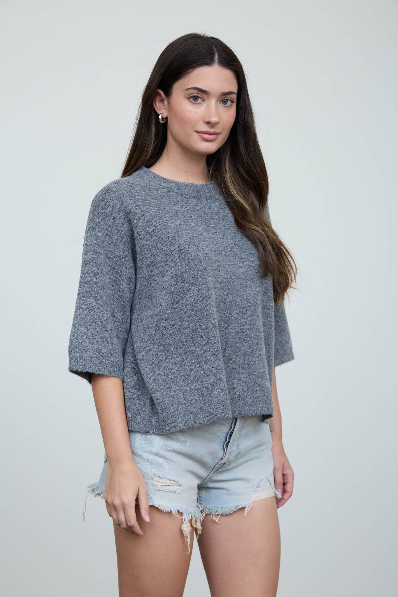 HEATHERED CREW NECK HALF SLEEVE BOXY PULLOVER