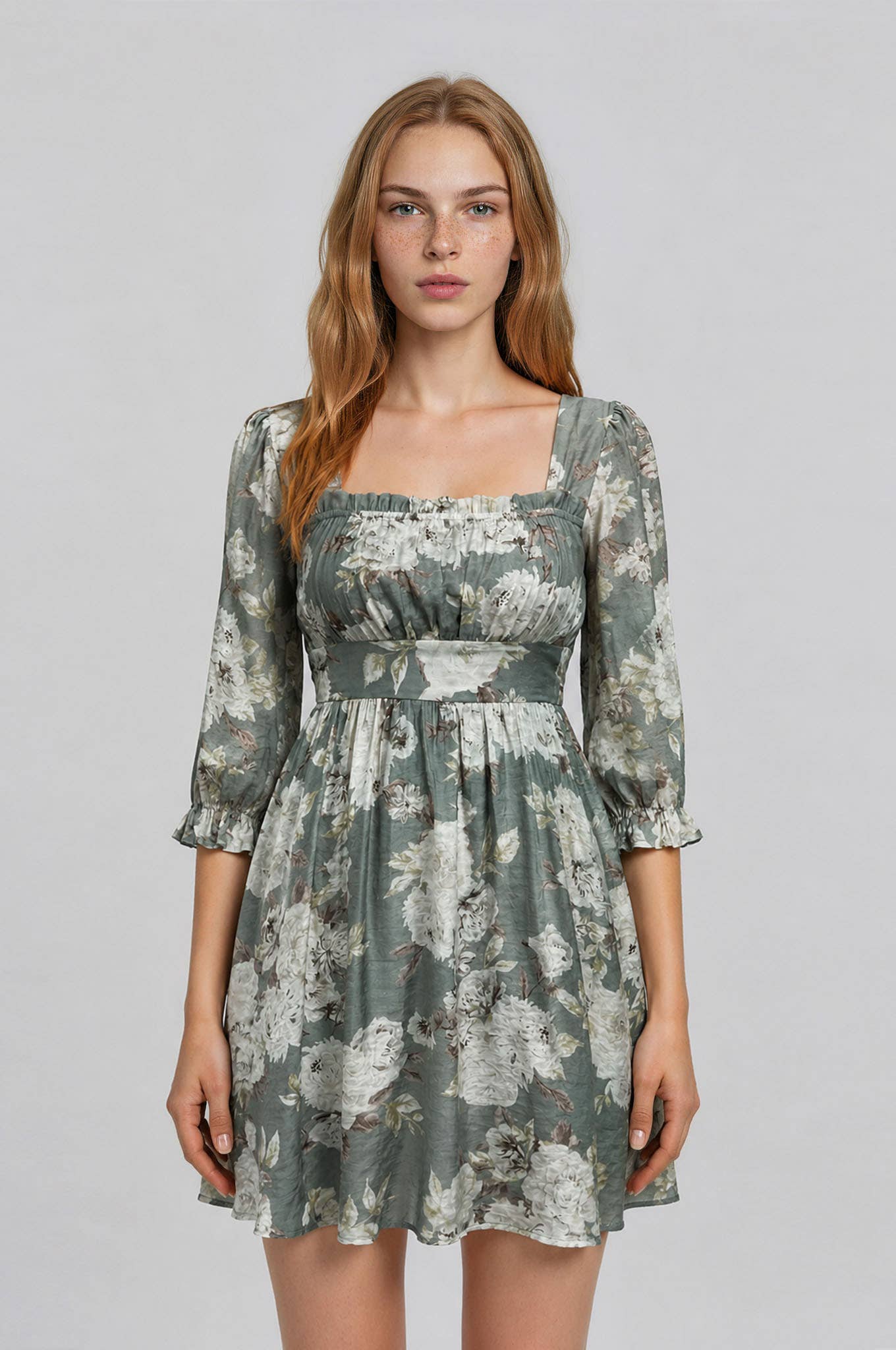 FLORAL SQUARE NECK HALF SLEEVE MINI DRESS