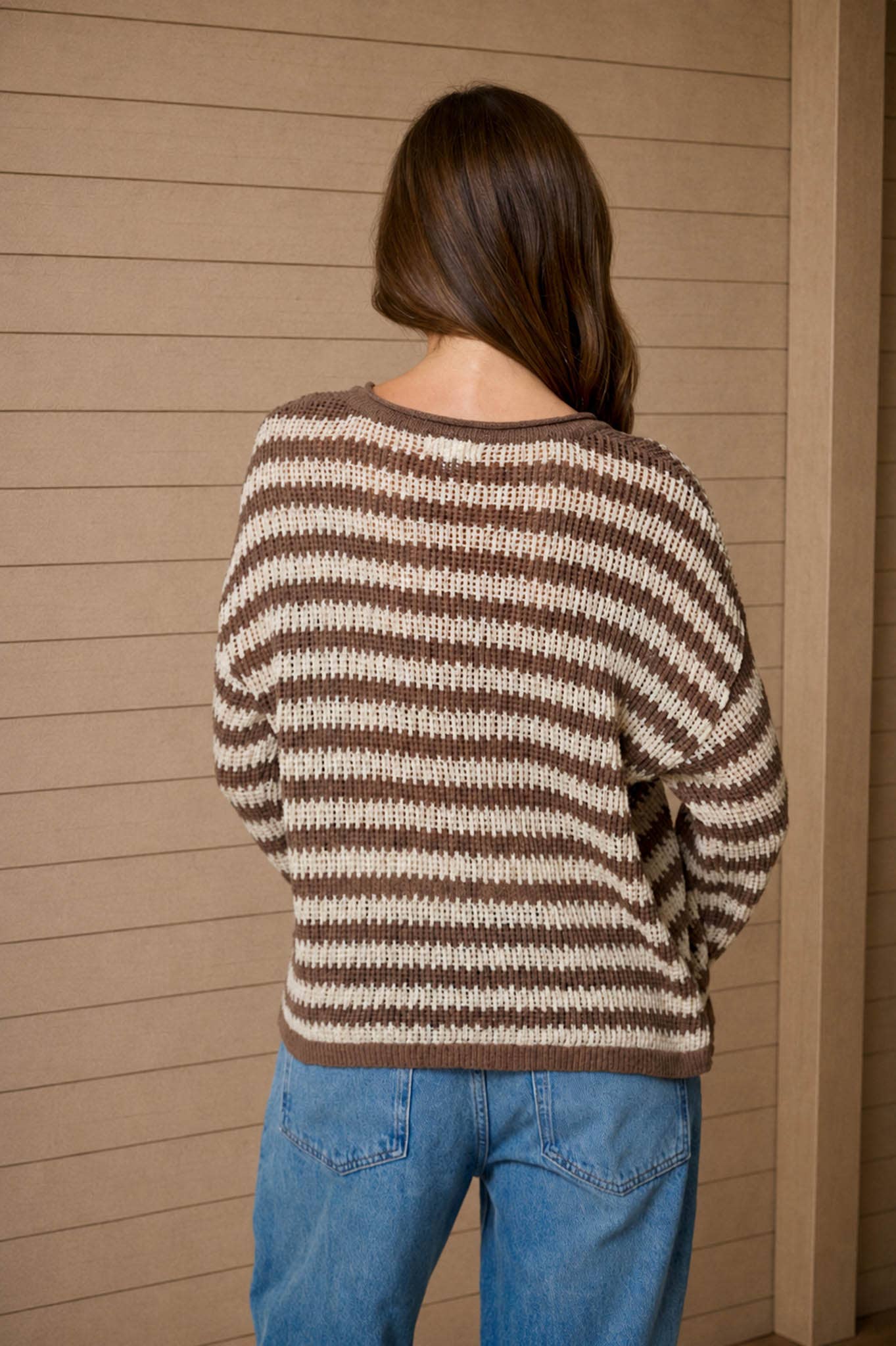 STRIPE RAW EDGE SPLIT NECK SHEER KNIT SWEATER