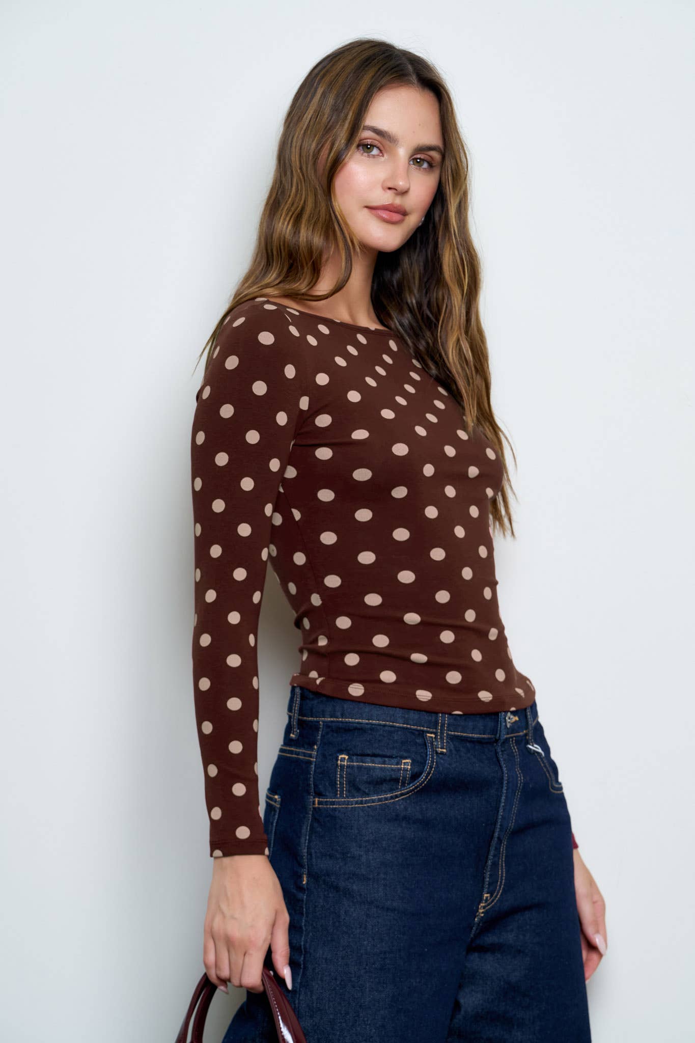 POLKA DOT BOAT NECK LONG SLEEVE KNIT TOP