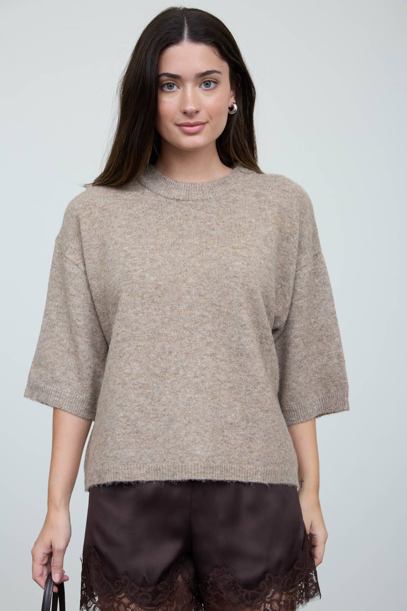 HEATHERED CREW NECK HALF SLEEVE BOXY PULLOVER