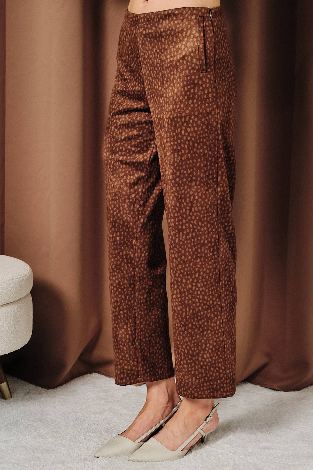 Animal Printed Faux Suede Slim Straight Pants
