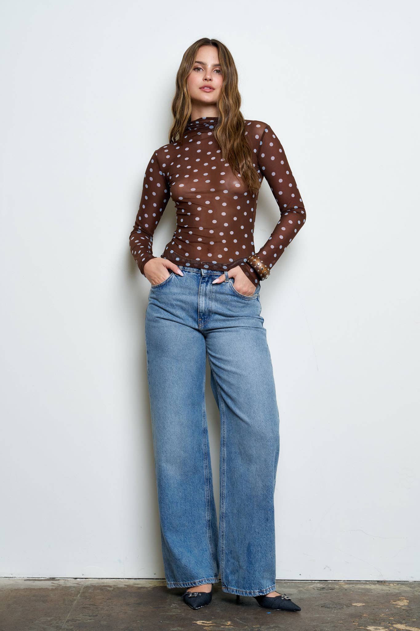 POLKA DOT MESH MOCK NECK LONG SLEEVE KNIT TOP