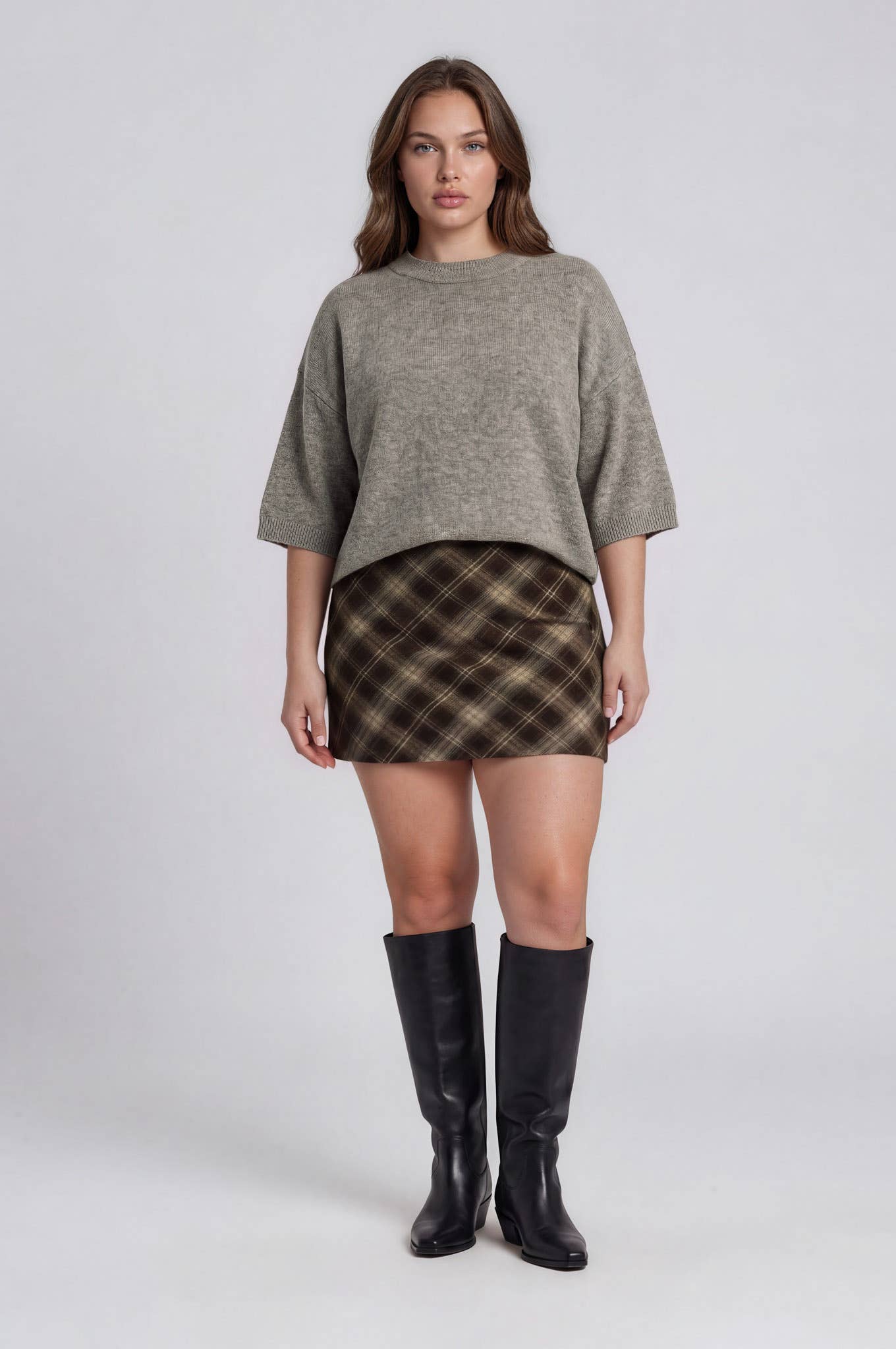 PLUS HEATHERED CREW NECK HALF SLEEVE BOXY PULLOVER