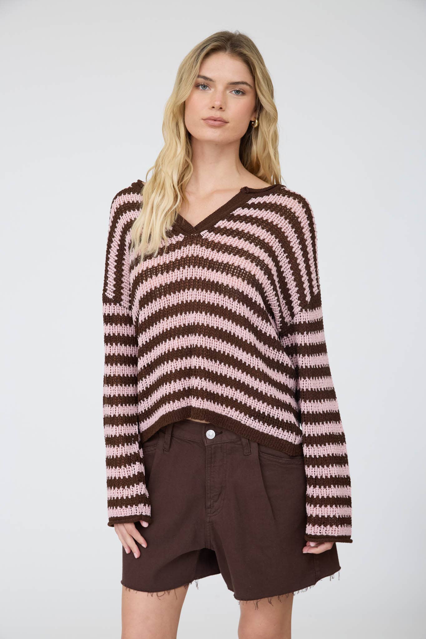 STRIPE RAW EDGE SPLIT NECK SHEER KNIT SWEATER