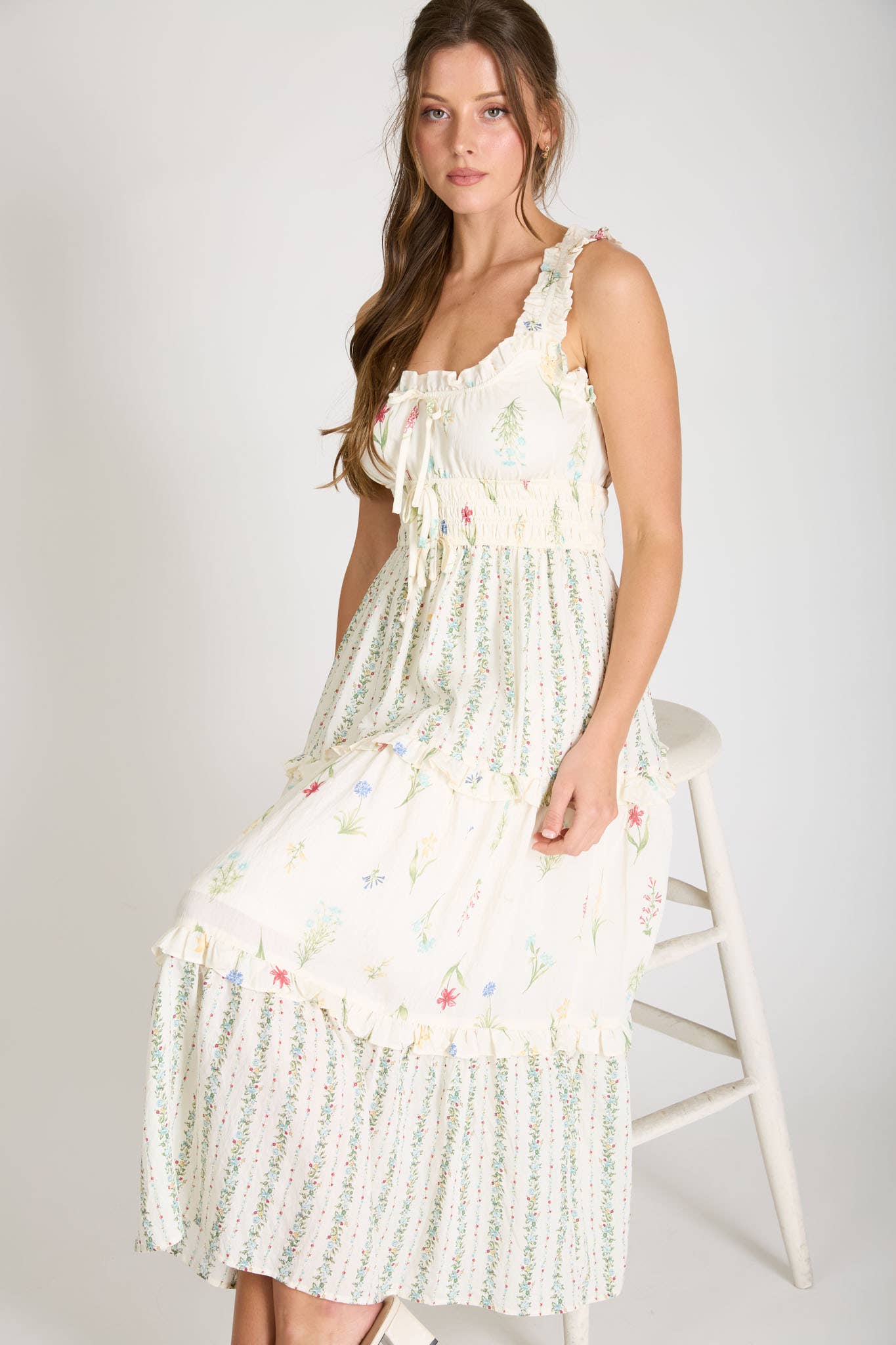FLORAL COLORBLOCK RUFFLED TIERED MIDI DRESS (PRE-ORDER)