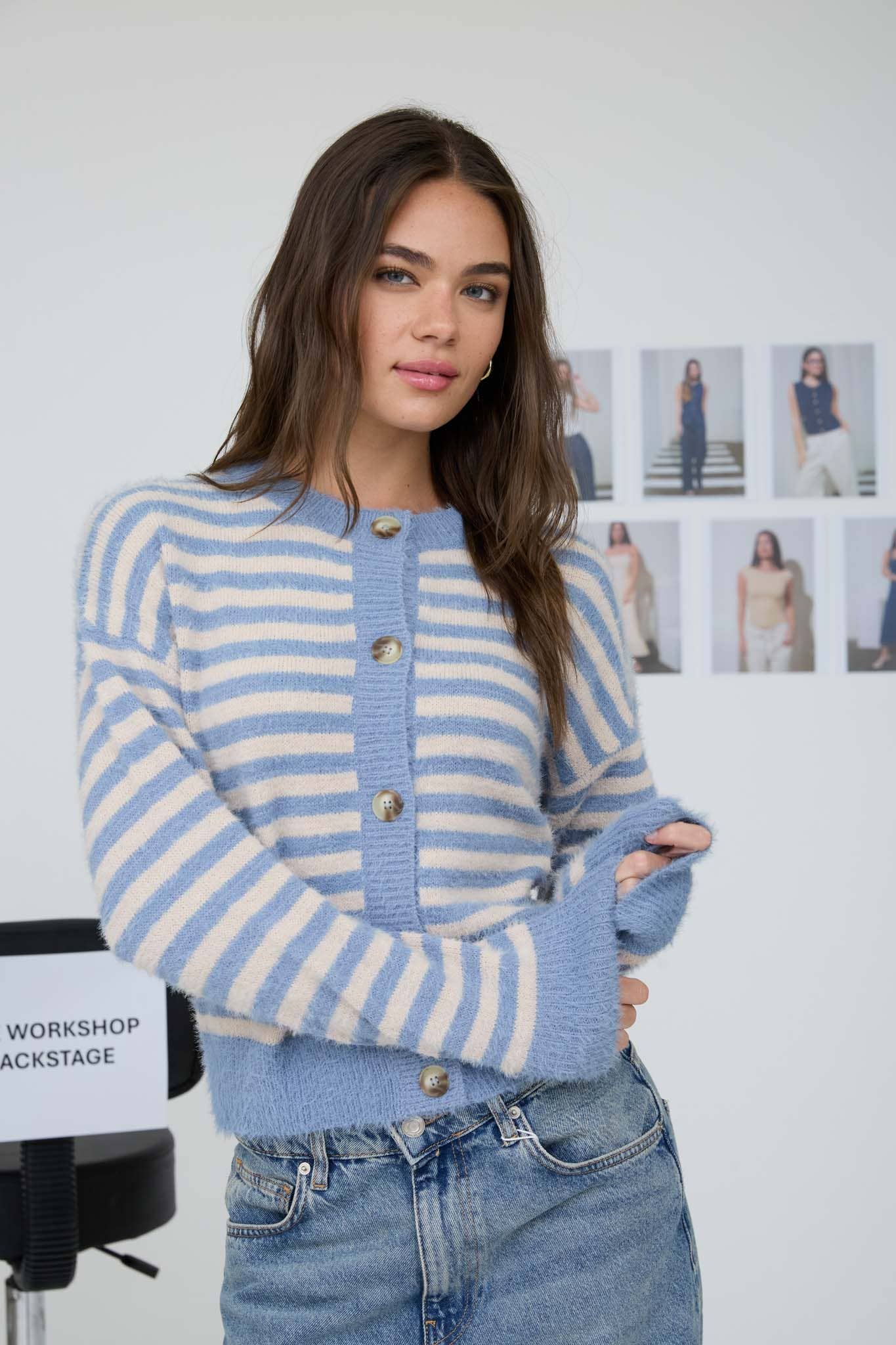 STRIPE ROUND NECK BUTTON DOWN FUZZY KNIT CARDIGAN