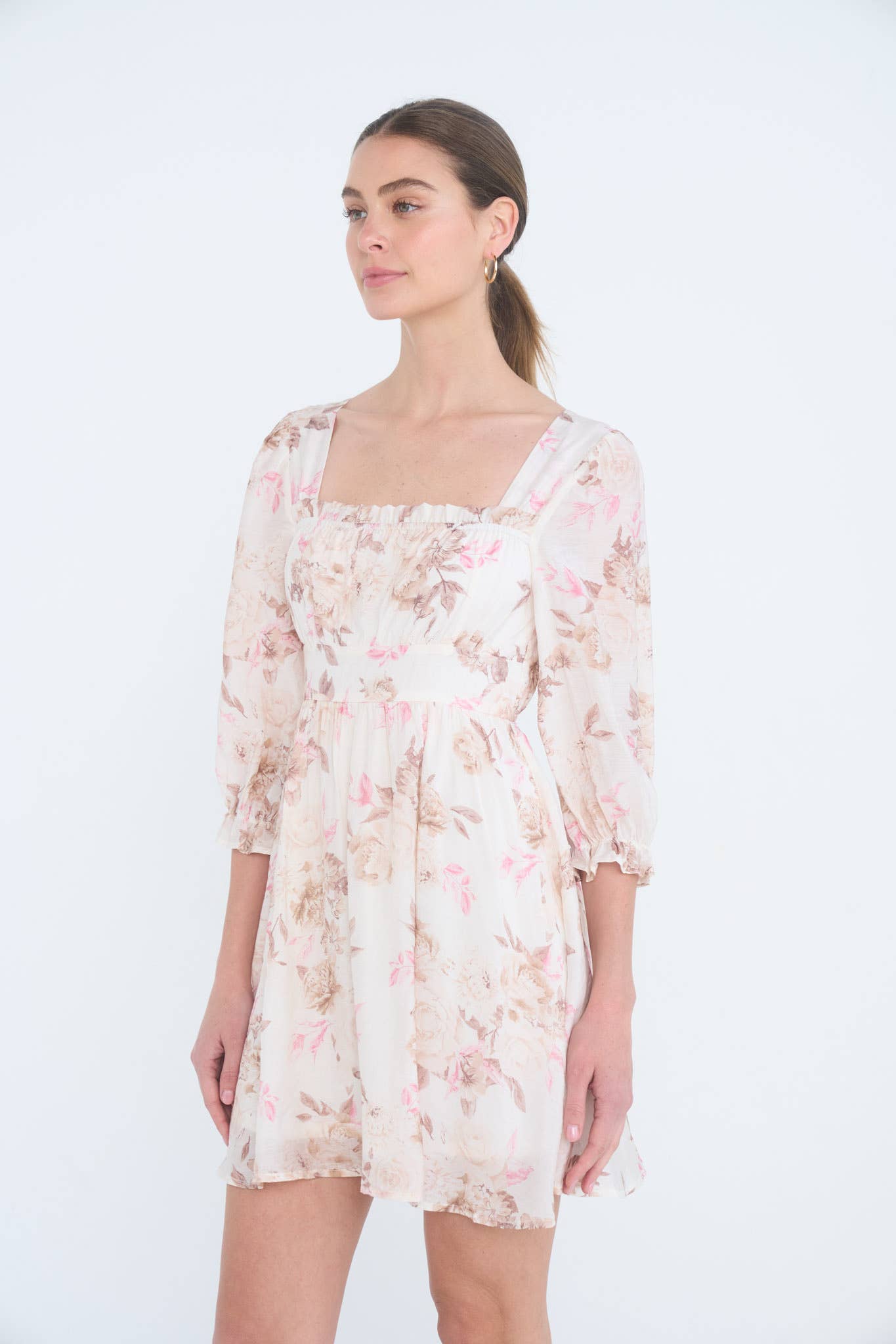 FLORAL SQUARE NECK HALF SLEEVE MINI DRESS
