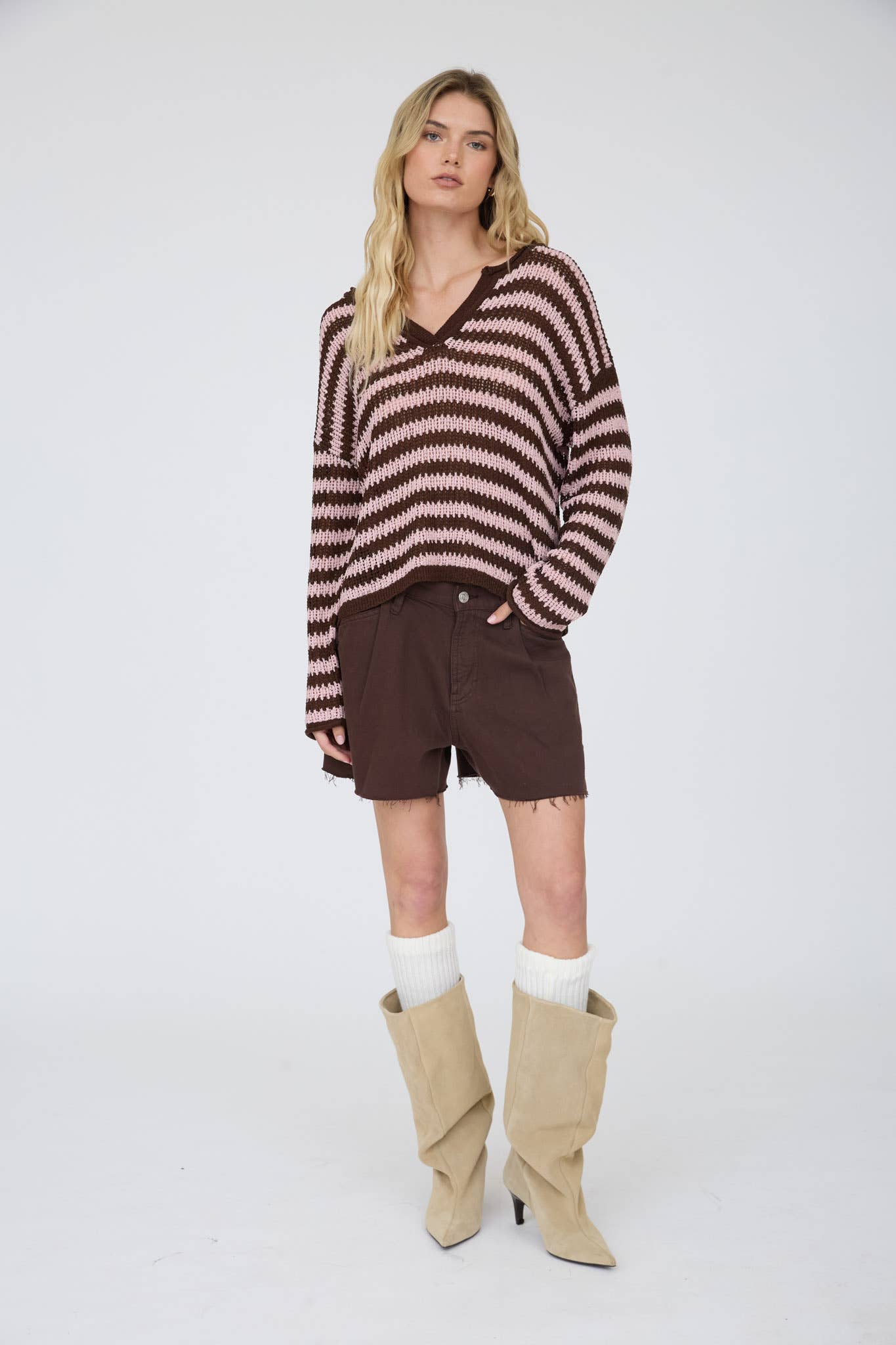STRIPE RAW EDGE SPLIT NECK SHEER KNIT SWEATER