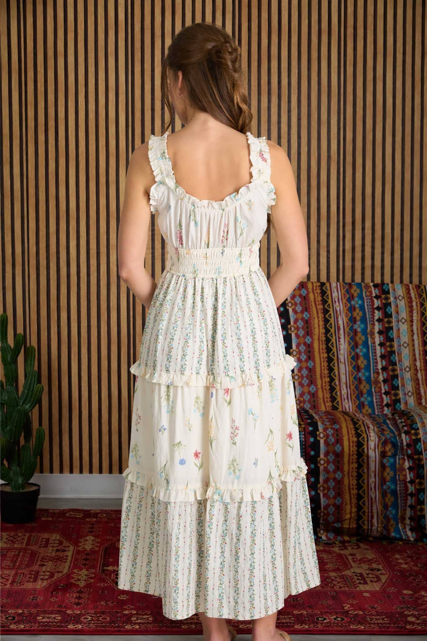 FLORAL COLORBLOCK RUFFLED TIERED MIDI DRESS (PRE-ORDER)