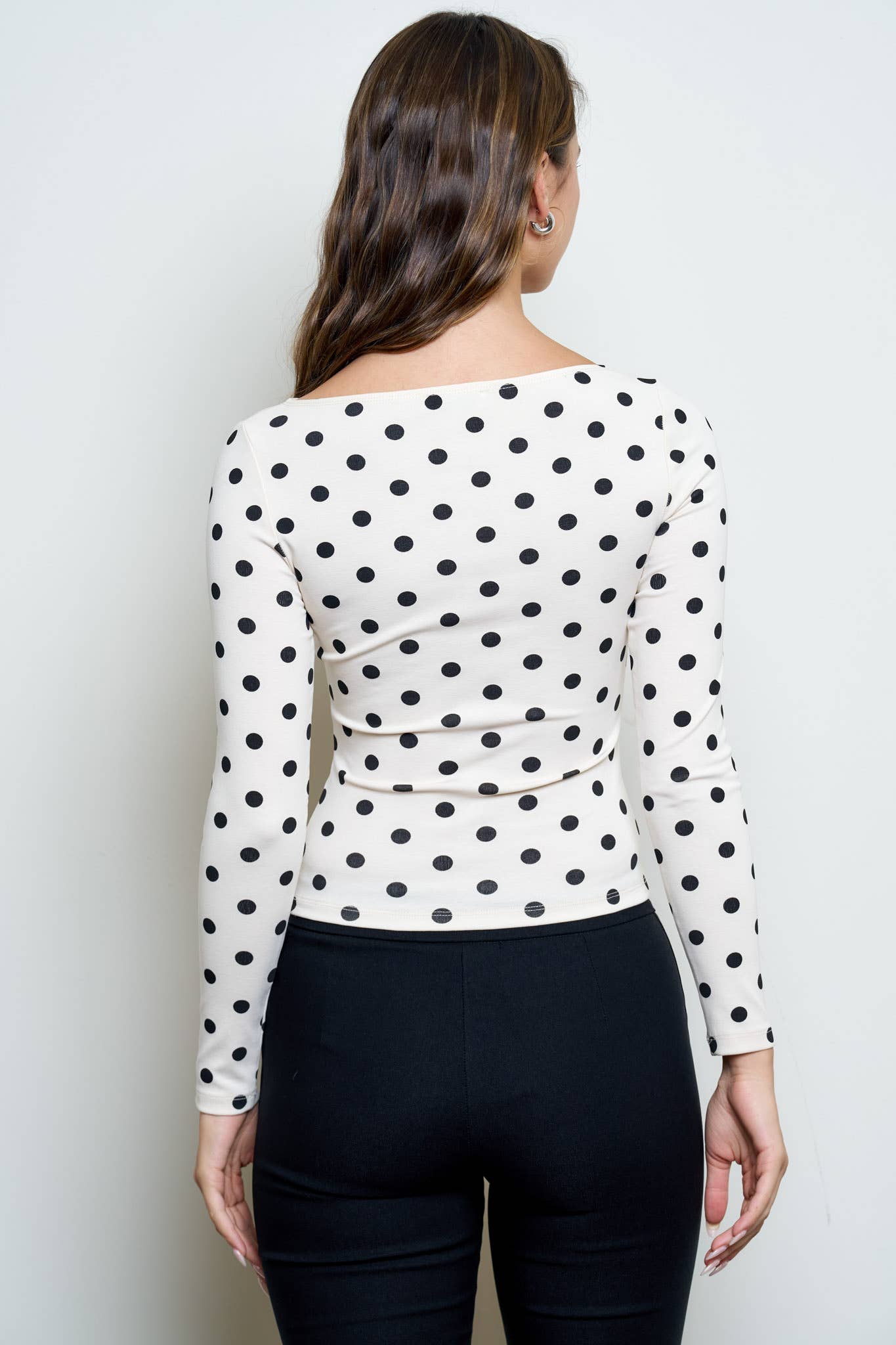 POLKA DOT BOAT NECK LONG SLEEVE KNIT TOP